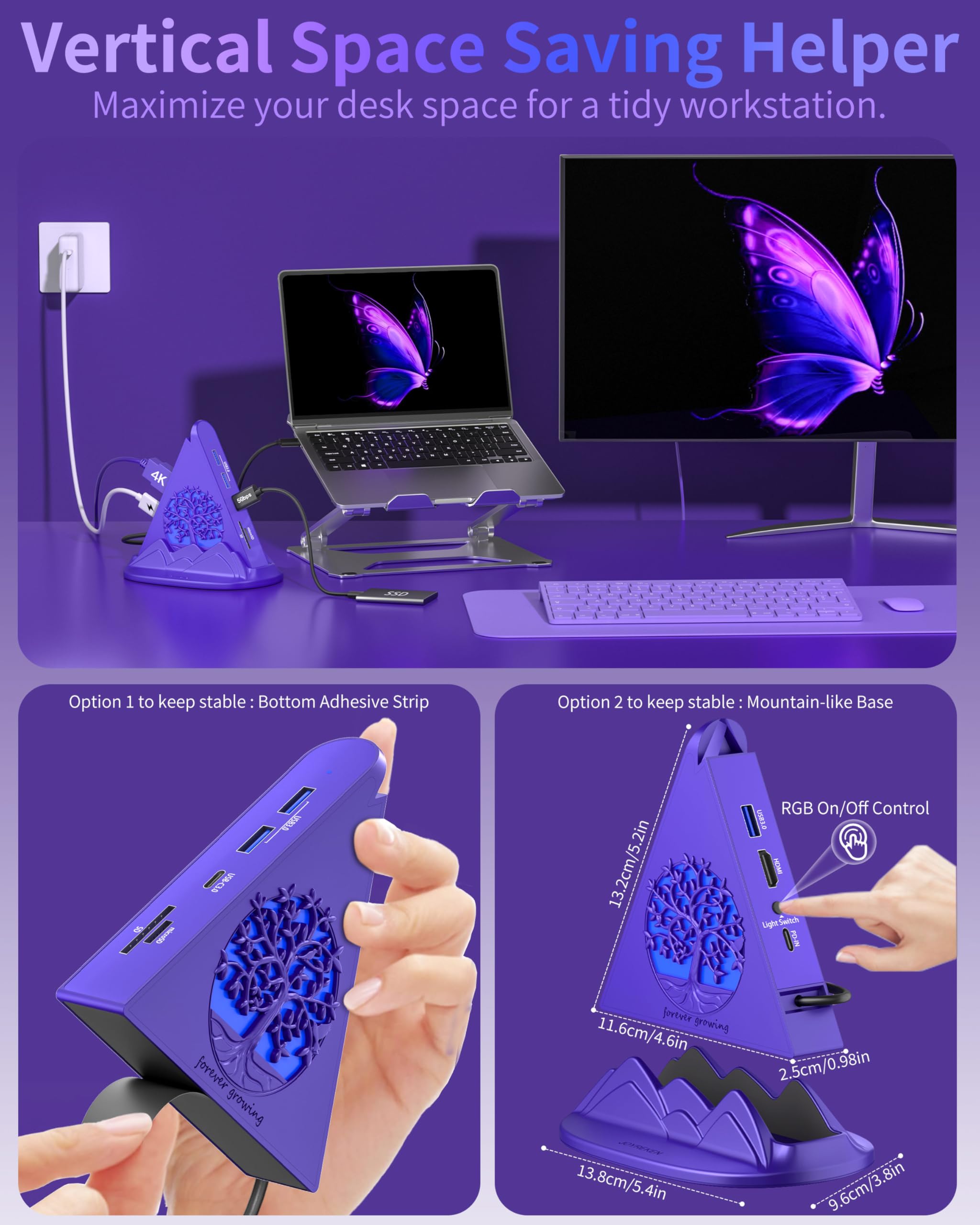 Hub USB C, hub USB 8 en 1 avec HDMI 4K @ 30 Hz, 100 W PD, 5 Gbit/s USB-Ax3 et USB-Cx1, lecteur de carte SD/TF. Hub de jeu RVB, accessoire de bureau violet foncé pour femme, compatible avec MacBook