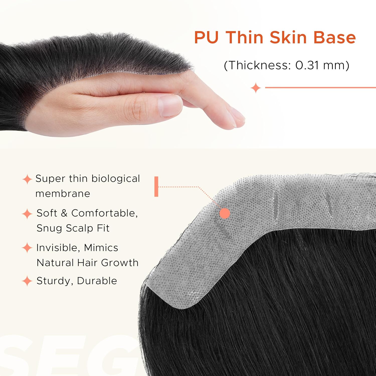 SEGO Men's Hairline Toupee 100% Human Hair Forehead Hairpiece V-Shape 1.57"x7" PU Thin Skin Base Natural Hairline Replacement（Hair:6" Long-#1 Jet Black