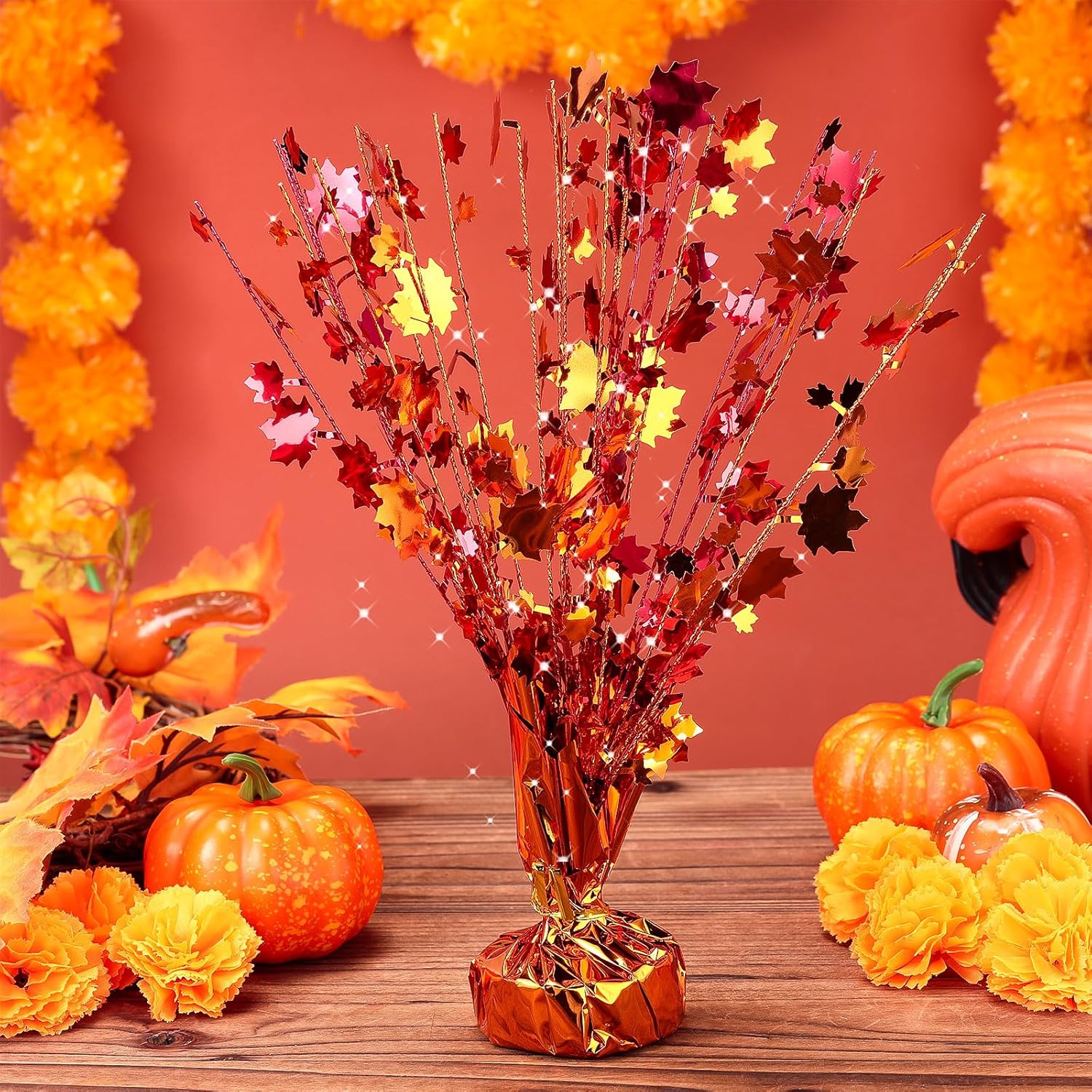 Lyrow 18 Pieces Fall Maple Leaves Table Centerpiece Metallic Foil Spray Centerpieces Autumn Party Decoration for Thanksgiving Harvest Seasonal Event Table Decor, Yellow Gold Orange Red(Classic)