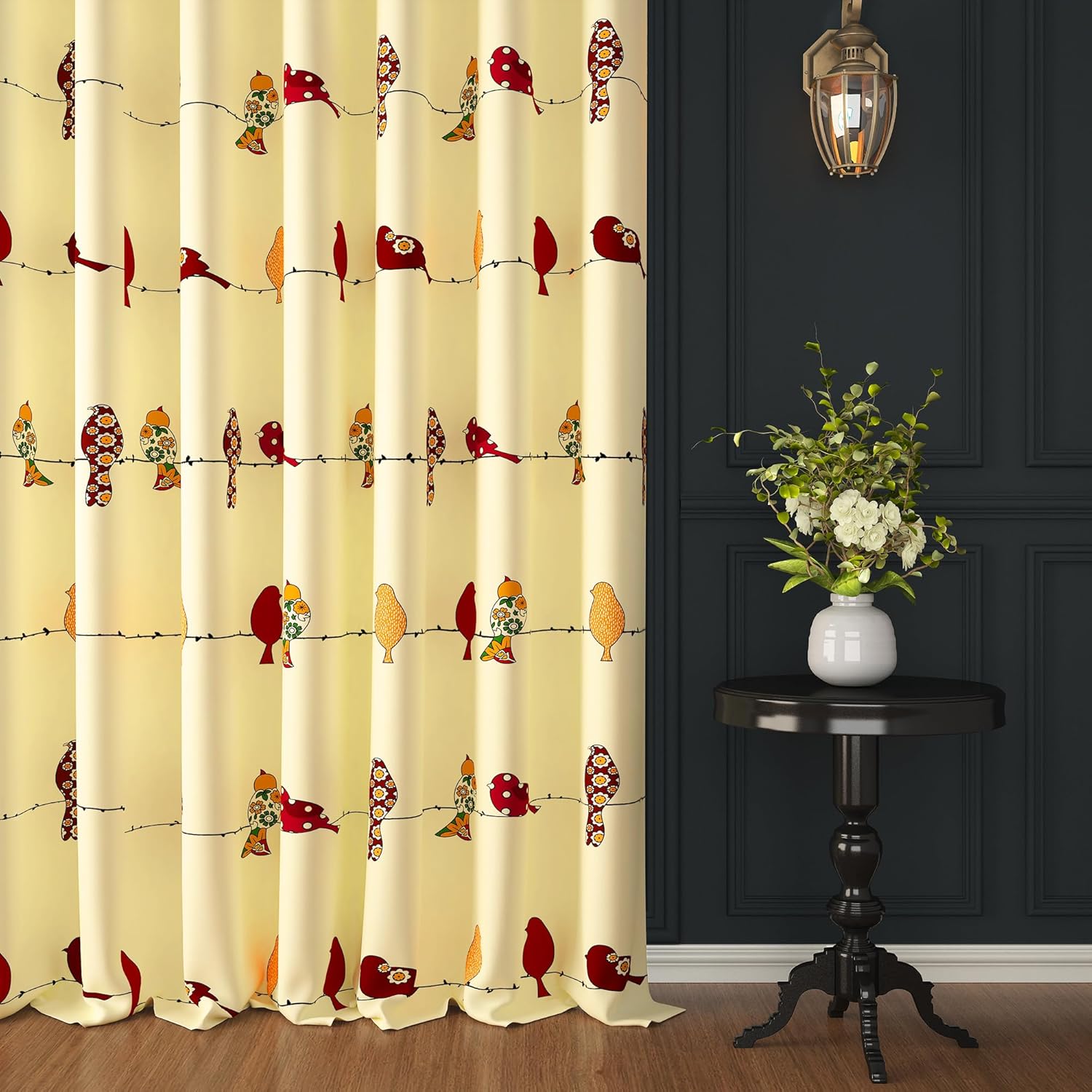 Story@Home Window Curtains 5 Feet Light-Filtering Long 1 Piece,Bohemian Cotton Curtain,Birds Printed,Light Filtering Curtain,Curtains for Living Room,(116 x 152 cm, Lemon Red),Perfect for Home Decor