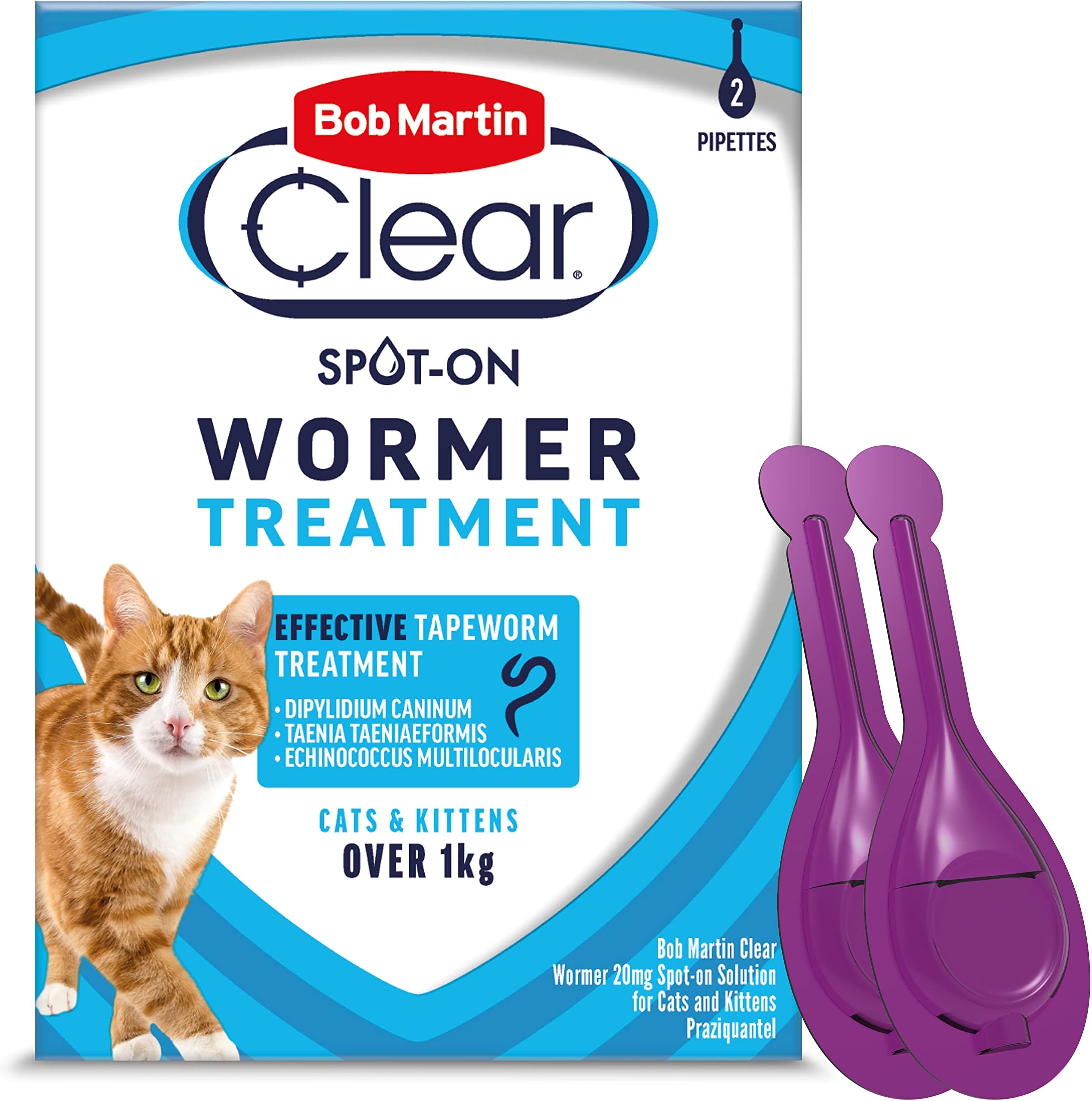 Bob Martin Clear Spot On Wormer for Cats & Kittens - 100% Effective Tapeworm Treatment (2 Pipettes)