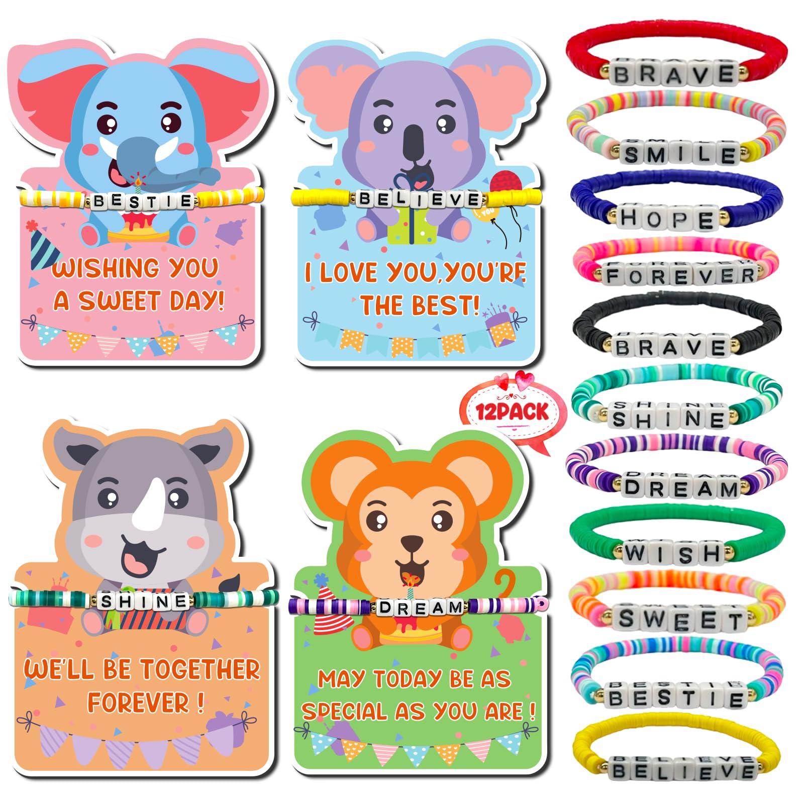 12Pcs Friendship Clay Beaded Bracelets Bulk with Birthday Cards Letter Inspirational Stretch Bracelet Adjustable Colorful Bracelet Y2K Summer Beach Elastic Bracelets for Women Girls Teens Party Favors