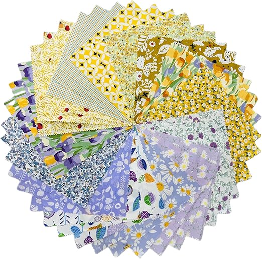 Vintage Floral Precut Fabric Squares 10x10, Purple Yellow Layer Cake Fabric for Quilting 10 inch, Pre-Cut Quilt Squares for Sewing DIY Patchwork Crafting (42Pcs)