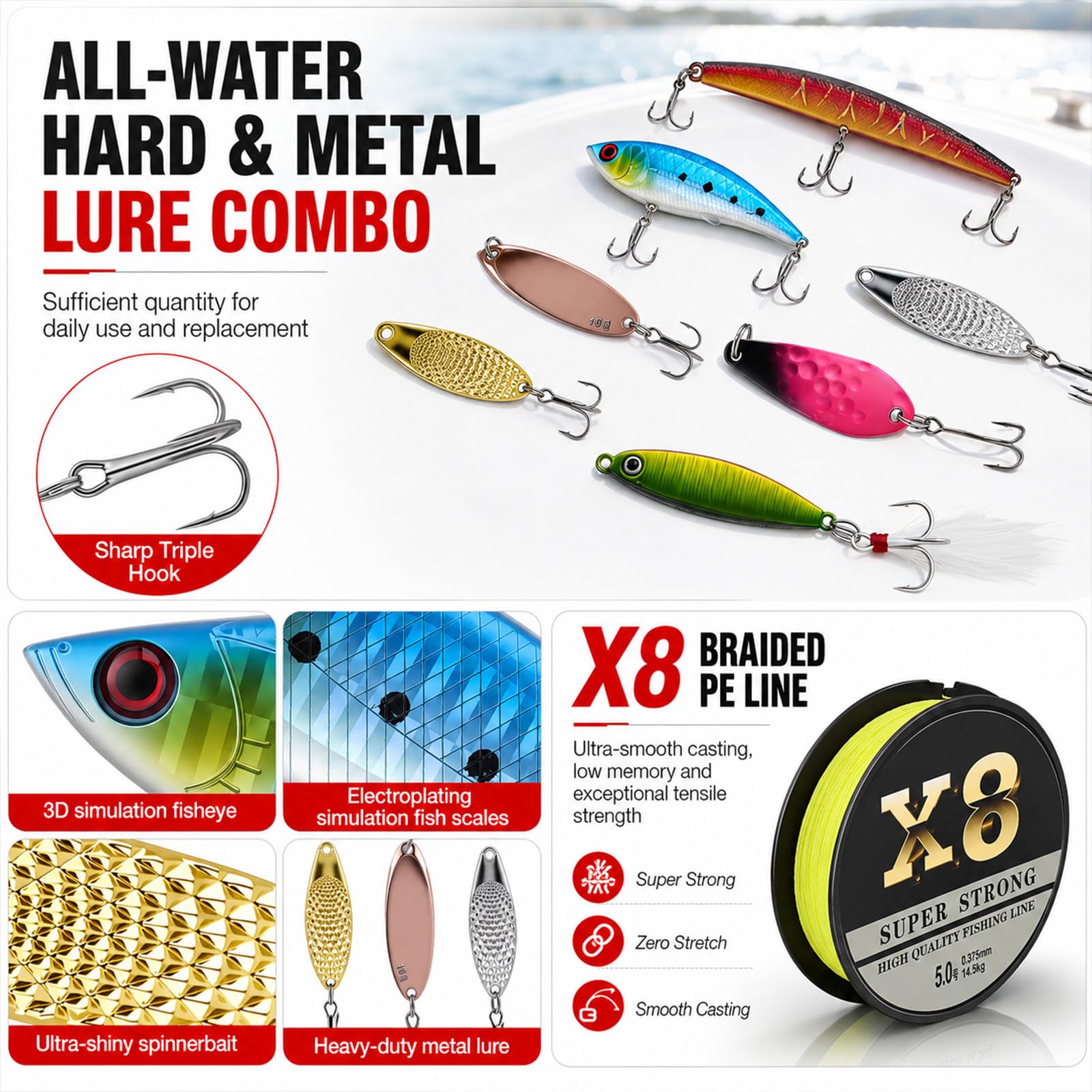 680 Stück Angelzubehör Set, Gemischt Angelköder Kit mit Köder Haken Angelzange Angelwaage für Zander Forelle Barsch, 3-Regal Angelkoffer Geeignete Angelausrüstung Komplett für Anfänger Profi