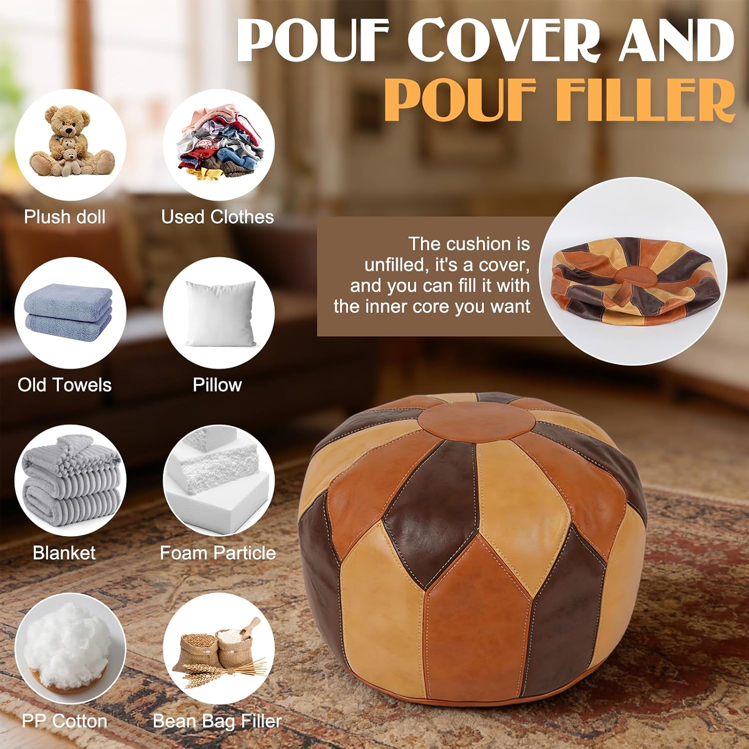 Crystalberry 21in × 21in × 13in Unstuffed Moroccan Pouf Ottoman with Storage Round Faux Leather Boho Footrest Foot Stool Cover Waterproof Poofy Ottoman Cover for Living Room Bedroom Patio