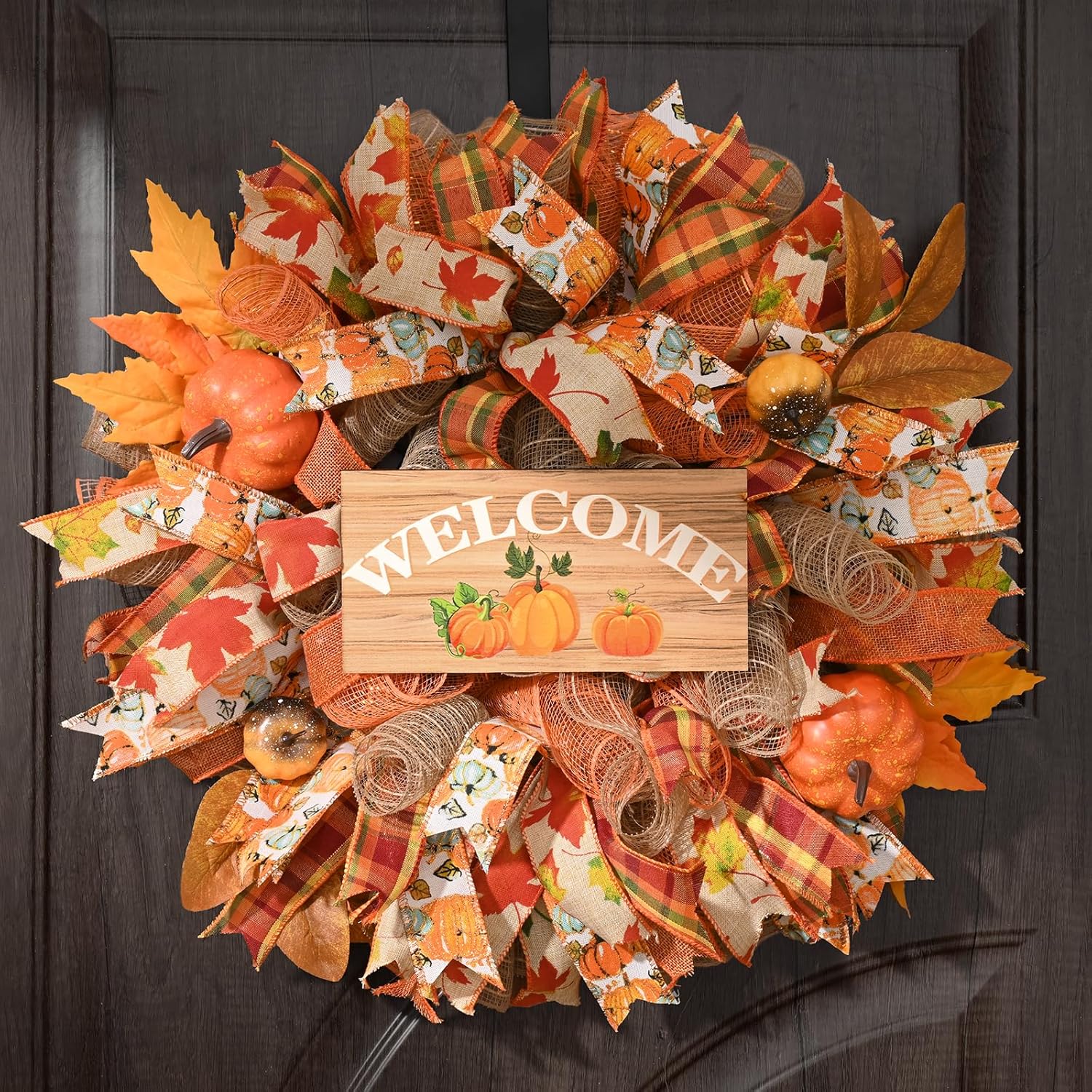 Waipfaru Fall Wreaths for Front Door, Fall Mesh Wreath with Wooden Sign Fishnet Yarn Autumn Pumbkin, Thanksgiving Halloween Decorations for Home, Porch Decor(18-20 Inch)