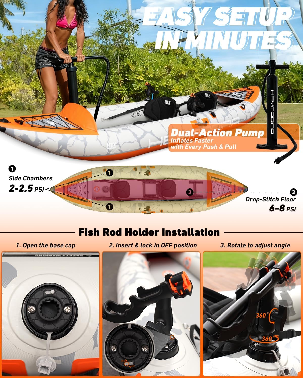 2 Person Inflatable Kayak Tandem Fishing Kayak for Adults, Portable Touring Kayak Canoe with Dual Floats, Drop-Stitch Floor and Fish Measuring Ruler, 12.5 FT