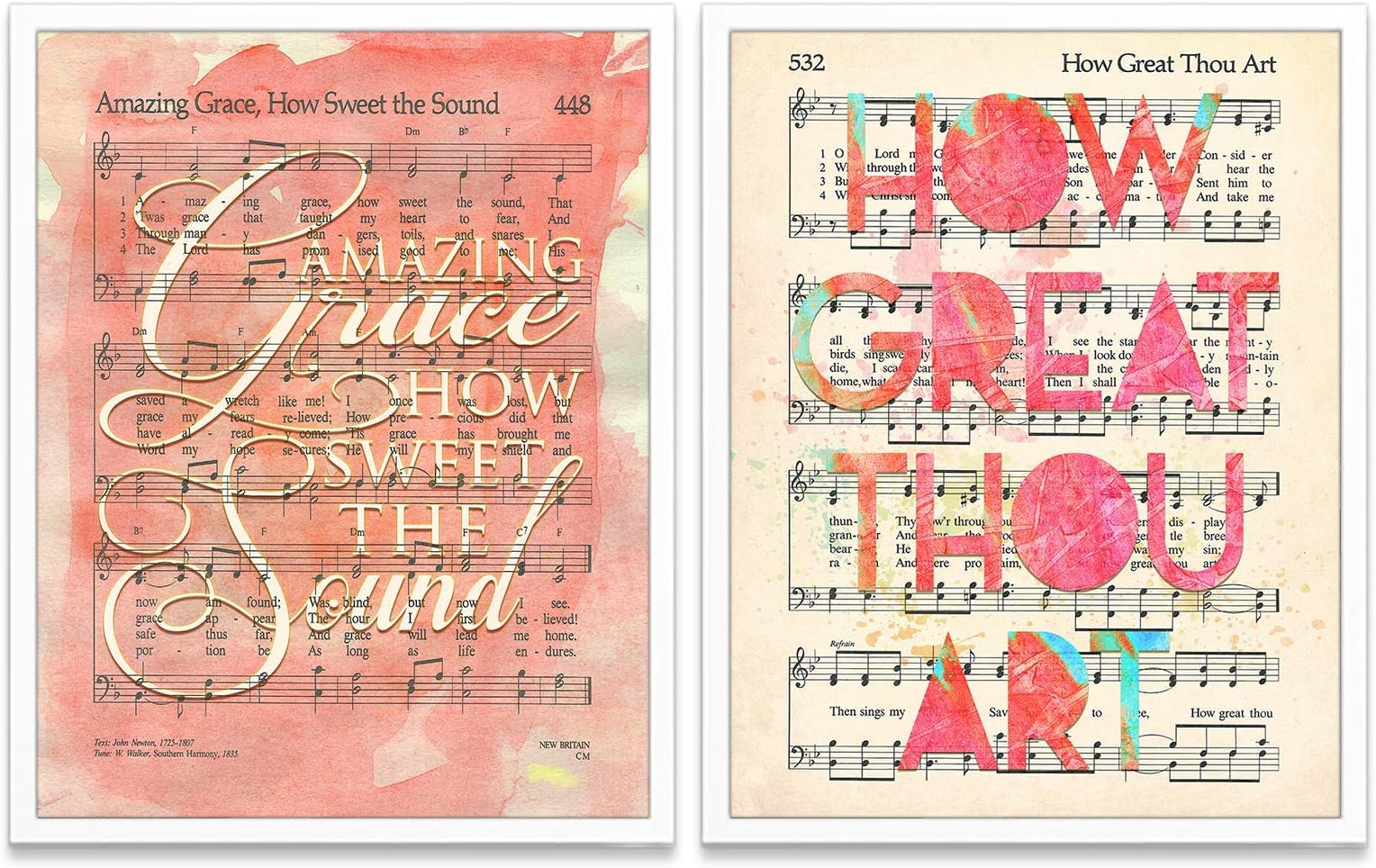Hymnal Christian Art prints, Set of 2, Unframed, Amazing Grace, How Great Thou Art Wall Decor Poster, 8x10 Inches