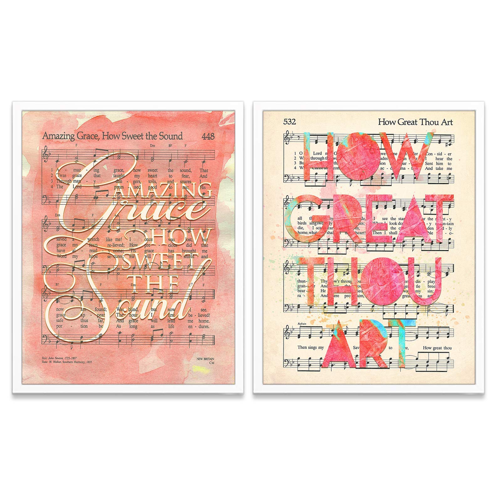 Hymnal Christian Art prints, Set of 2, Unframed, Amazing Grace, How Great Thou Art Wall Decor Poster, 8x10 Inches