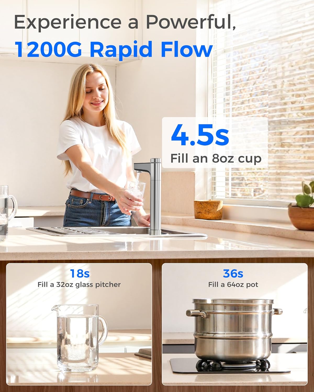 Waterdrop X12 Alkaline Mineral Reverse Osmosis System, NSF/ANSI 42&58&372 Certified, 1200 GPD, 11-Stage Filtration Tankless RO, 3:1 Pure to Drain, UnderSink, Smart Stainless Steel Faucet, BPA Free
