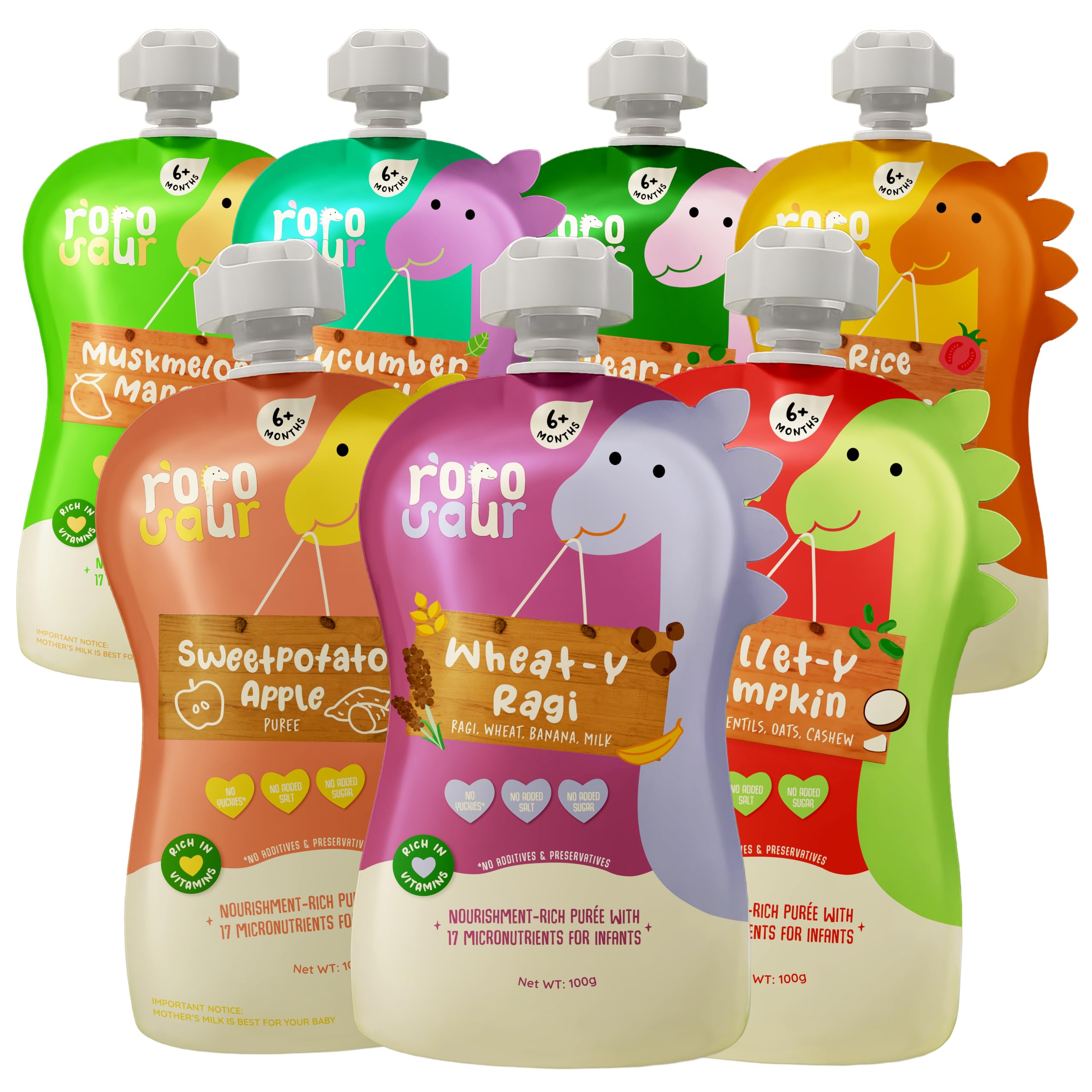 Baby Food Puree Pouch Trial Pack for 6+ Months | Ready to Eat Grain based Purees and Fruit & Veggie Purees | 100% Natural Healthy, No Preservatives, No Sugar, No Salt | 100g each, Pk of 7