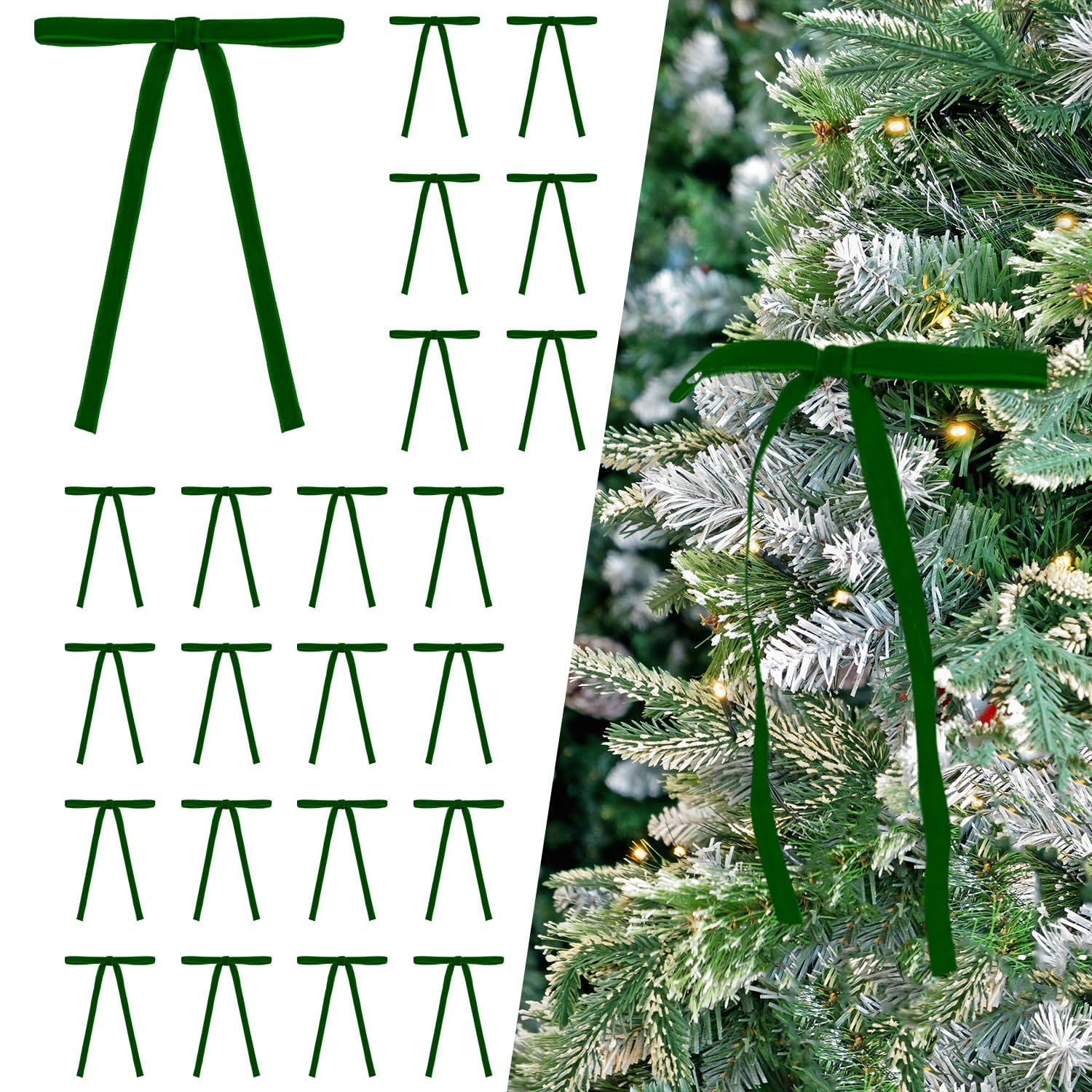 24 Pcs Green Velvet Bows Ornaments for Christmas Tree, Vintage Rustic Elegant Velvet Christmas Bows Tree Decorations, Indoor Home Decor for Wreath Mantle Gift Wrap Holiday Decor, 3/8'' W, 5 * 7 inch