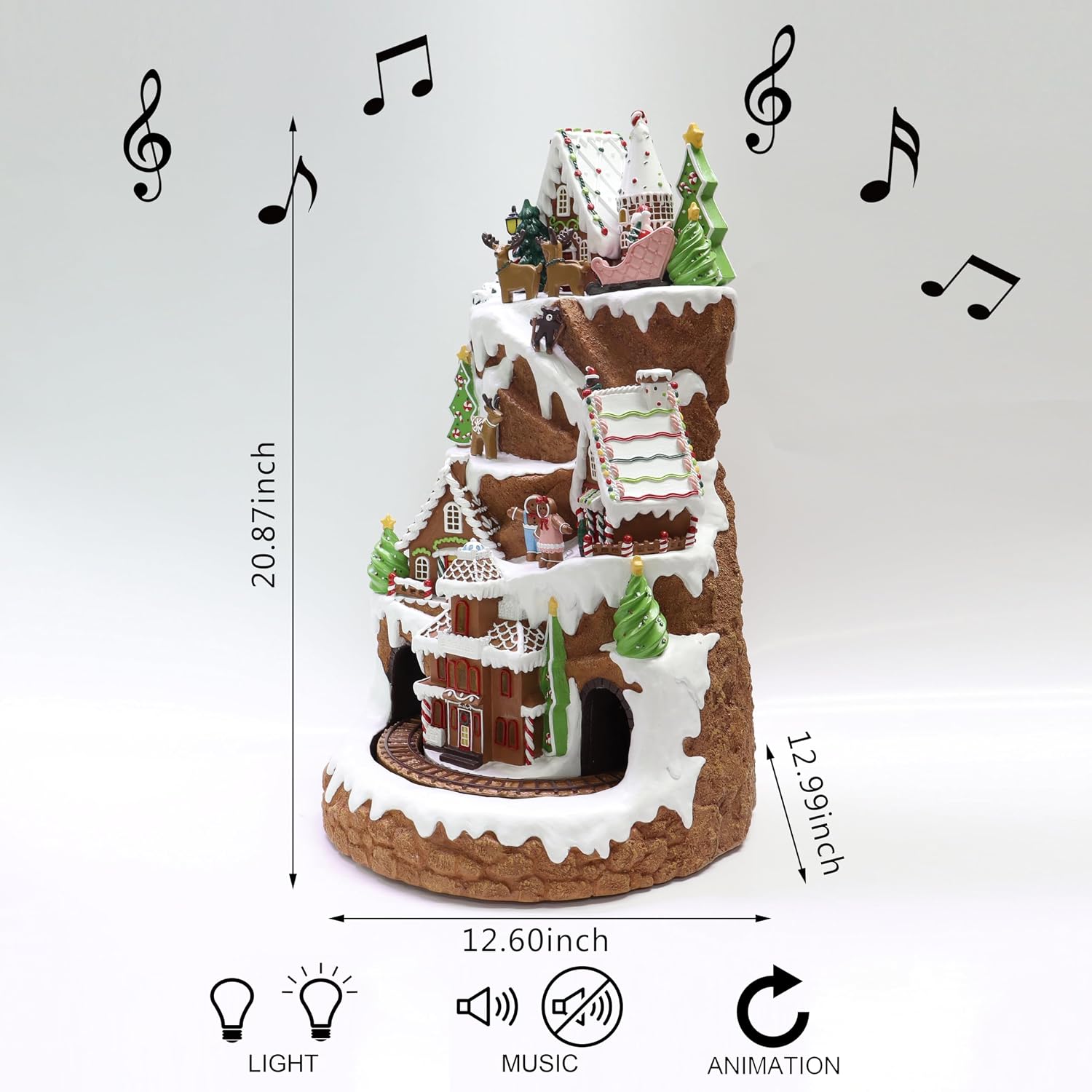 Gingerbread Mountain Christmas Village 21” by Moments in Time Musical Christmas Décor with Moving Train & Santa Sleigh LED Lights, 8 Holiday Songs, Power Adapter Included Handcrafted Holiday