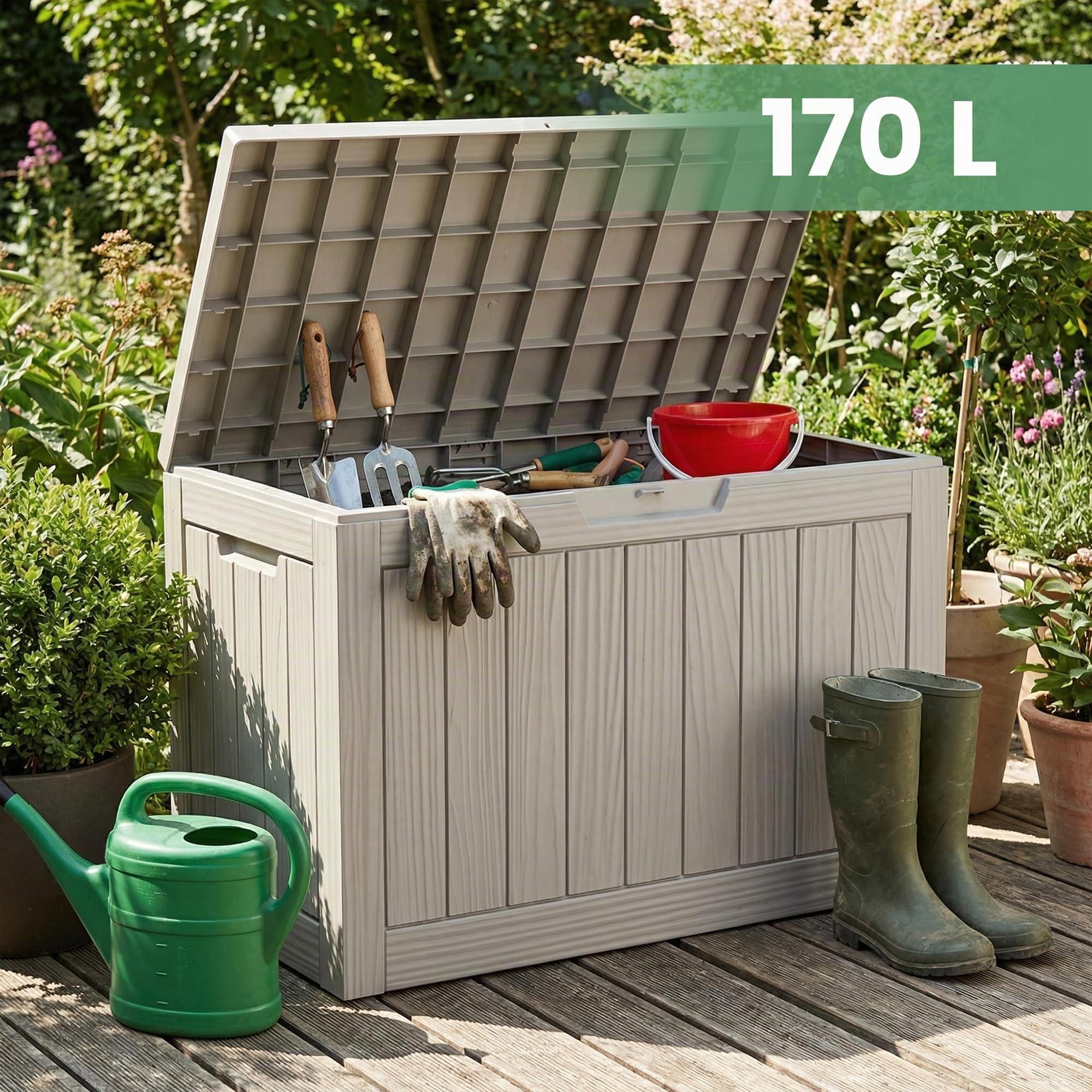AKORD Coffre de Jardin Imperméable 170L, Boîte de Rangement Extérieur pour Balcon et Terrasse, Polypropylène Aspect Bois, 77,5 x 43 x 55,5 cm, Gris