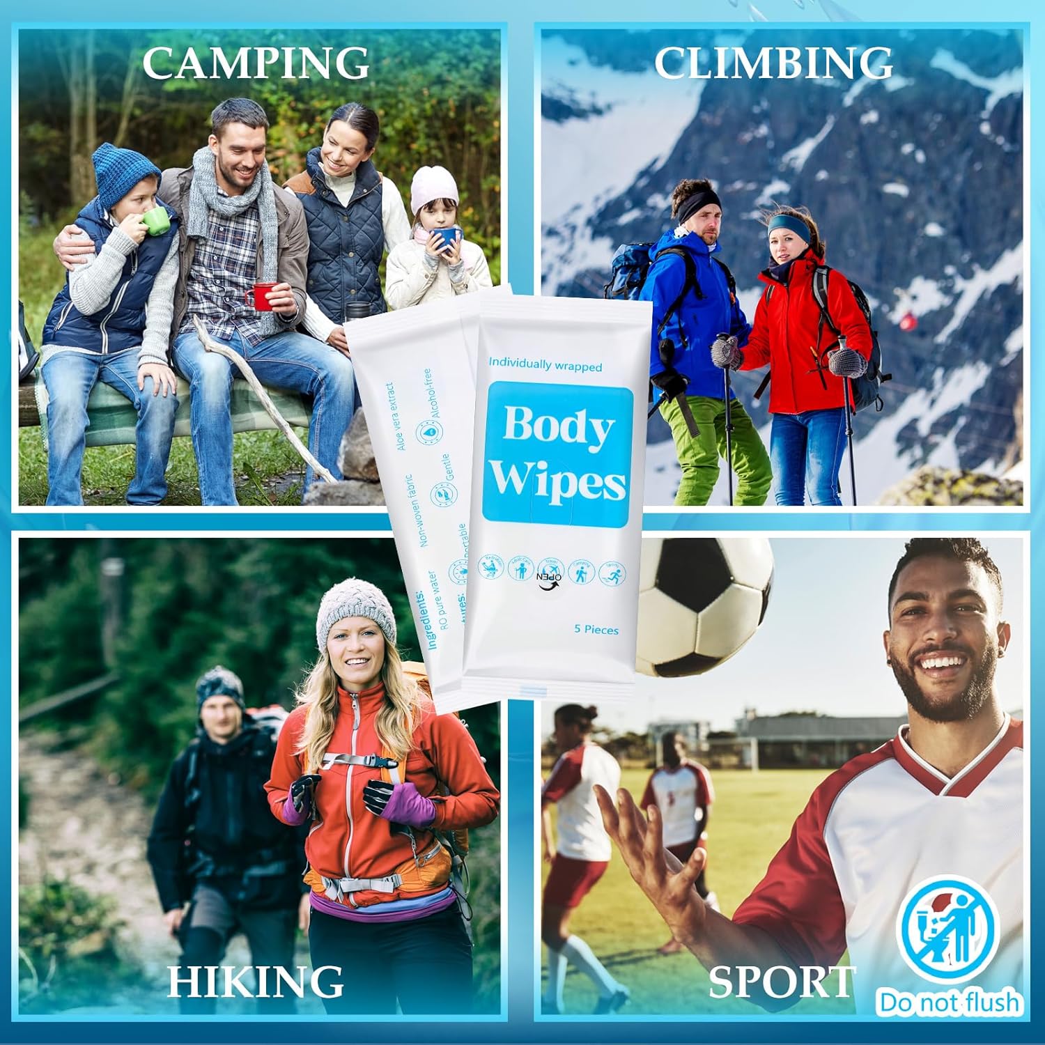 300 Pcs 60 Pack Body Wipes for Adults Bathing No Rinse Individually Wrapped Shower Wipes Washcloth with Aloe Cleansing Body Wash Cloths Disposable Bulk Deodorant Homeless(White Background) - Image 6