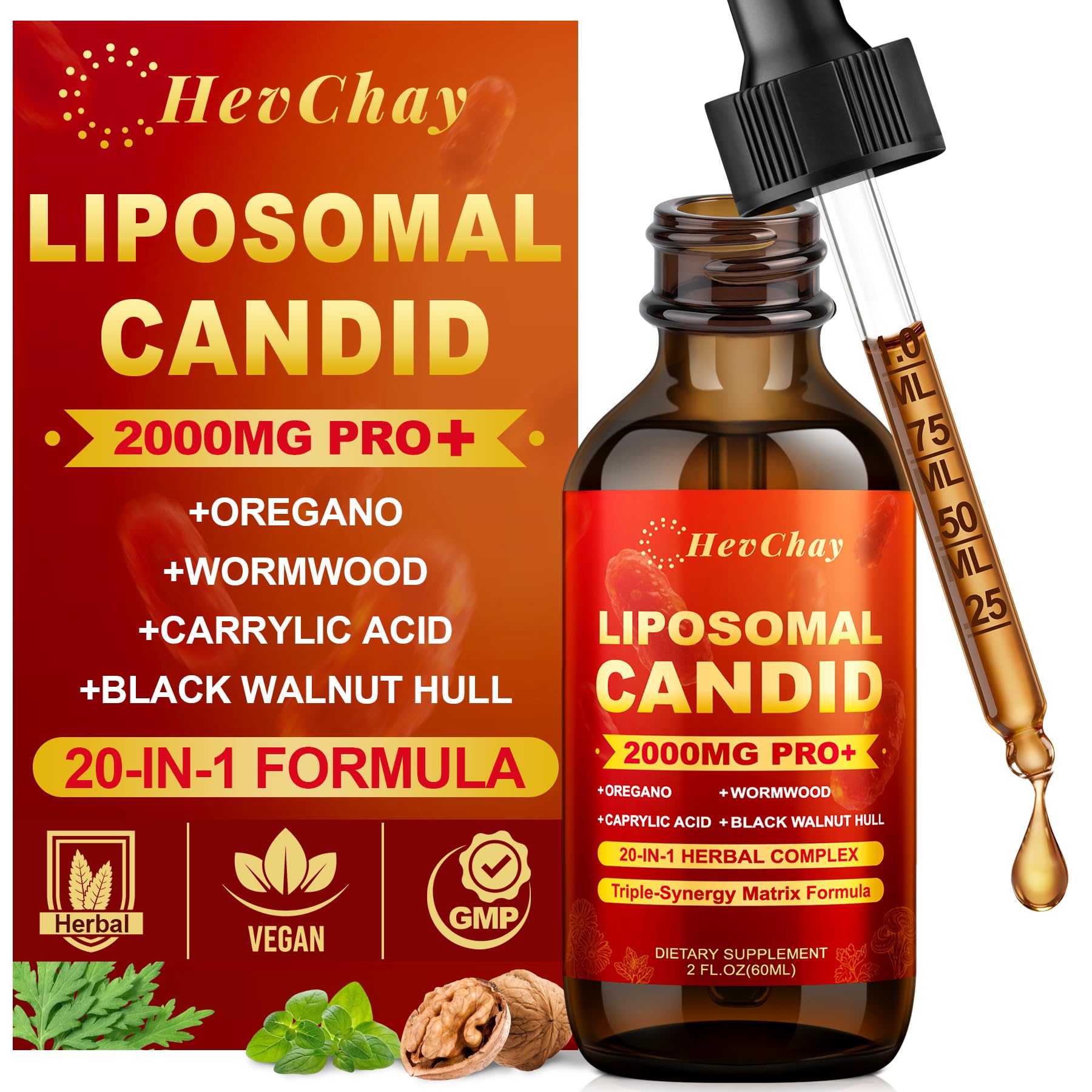 HevChay Suplemento líquido com complexo botânico, ácido caprílico, orégano, nogueira-preta e absinto 2000 mg, 60 mL