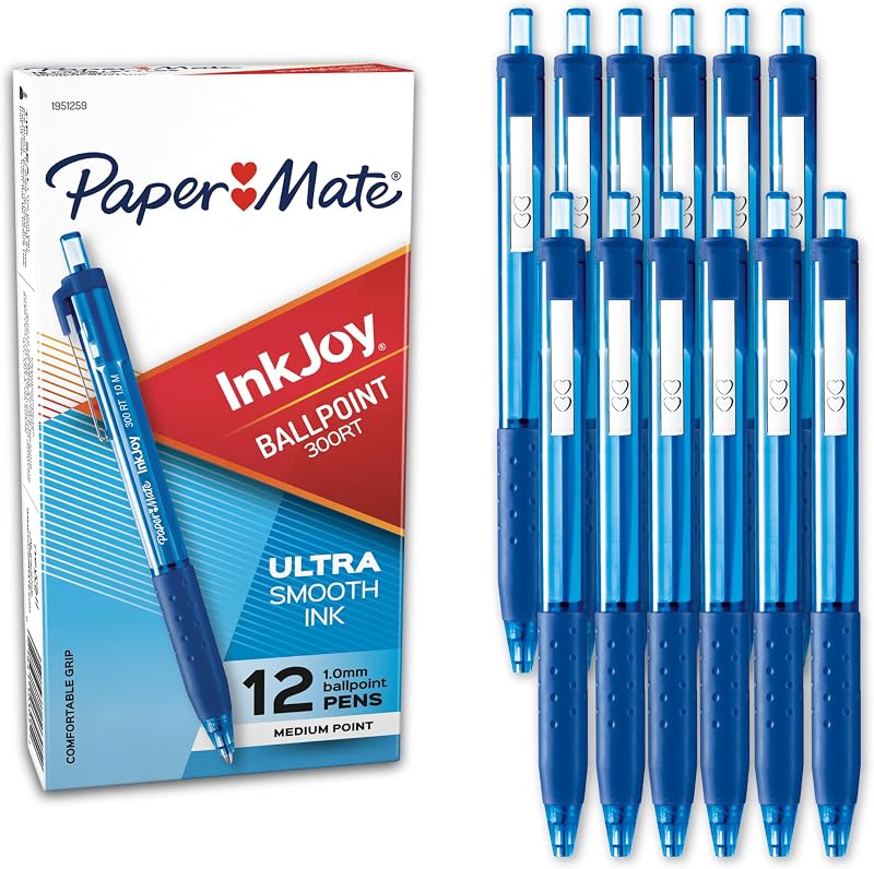Paper Mate InkJoy 300RT Bolígrafos retráctiles, punta media (1,0 mm), tinta azul, 12 unidades - Escritura, diario, toma de notas, suministros de oficina, tinta ultra suave