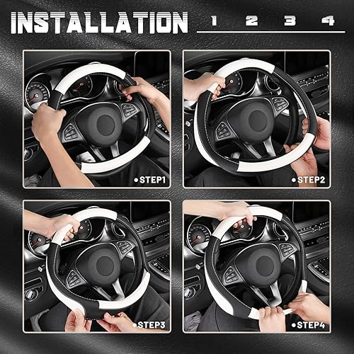 Miniatura 105 de SEG Direct Funda universal para volante de automóvil, de 15 pulgadas, piel de microfibra, color blanco y gris Negro y gris