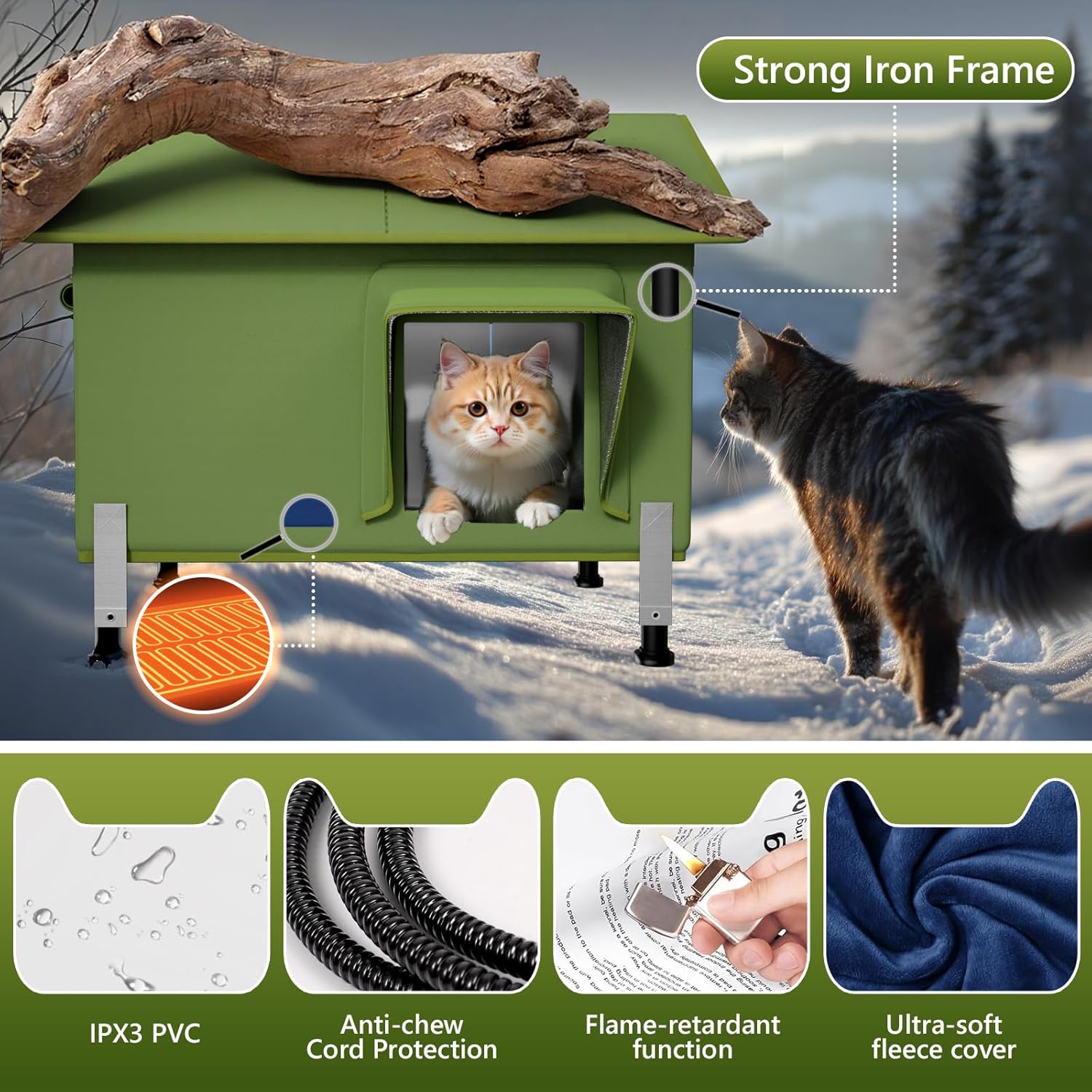 Insulated Outdoor Cat House - InfLuvRealm 100% Waterproof Heated Cat Houses for Outdoor Cats with Escape Door & Heating Pad, Insulated for Feral Cats
