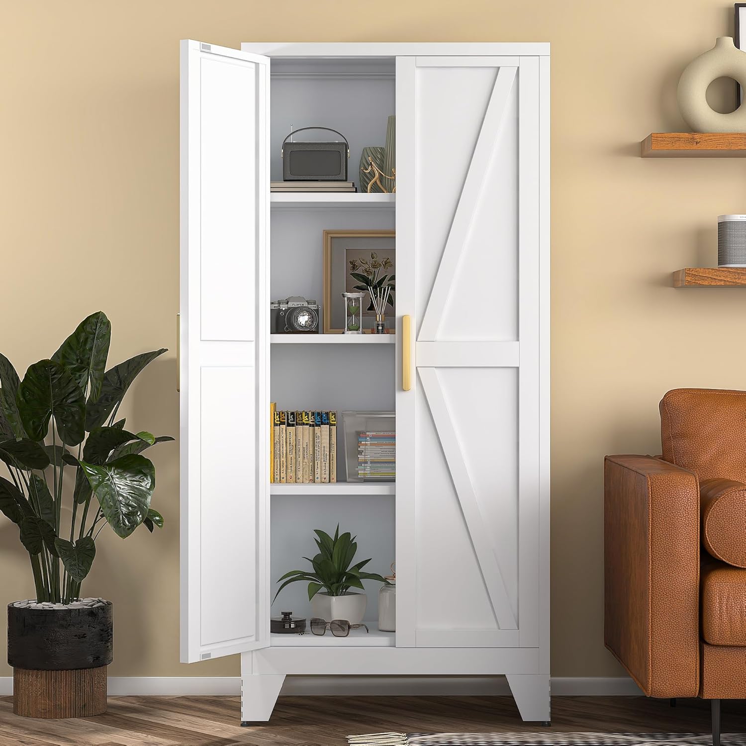 White Farmhouse Storage Kitchen Pantry Cabinet with 2 Barn Door, 3 Adjustable Shelves and Legs, for Cupboard/Dining Room/Bathroom/Living Room/Office/Laundry Room (White, 61″ Farmhouse)