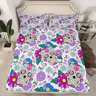 Sugar Skull Sheet Set Full Colored Boho Floral Bed Sheets for Boys Teens,Mexican Style Tribal Gothic Bone Fitted Sheet Multicolor Flowers Flat Sheet Skeleton Halloween Home Decor