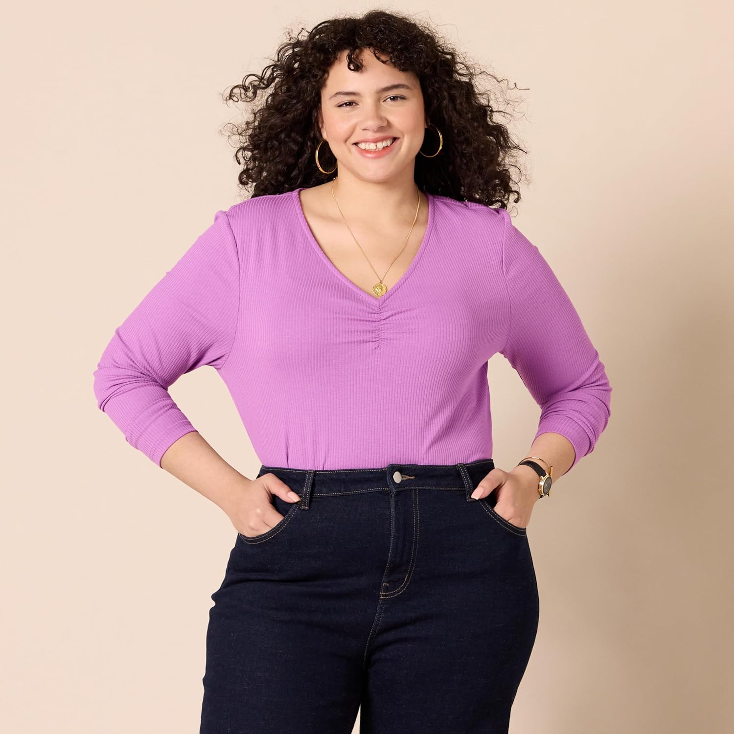 Amazon Essentials Women's Cinched V-Neck Long Sleeve Slim-Fit Rib-Knit T-Shirt, Pack of 2 - Image 5