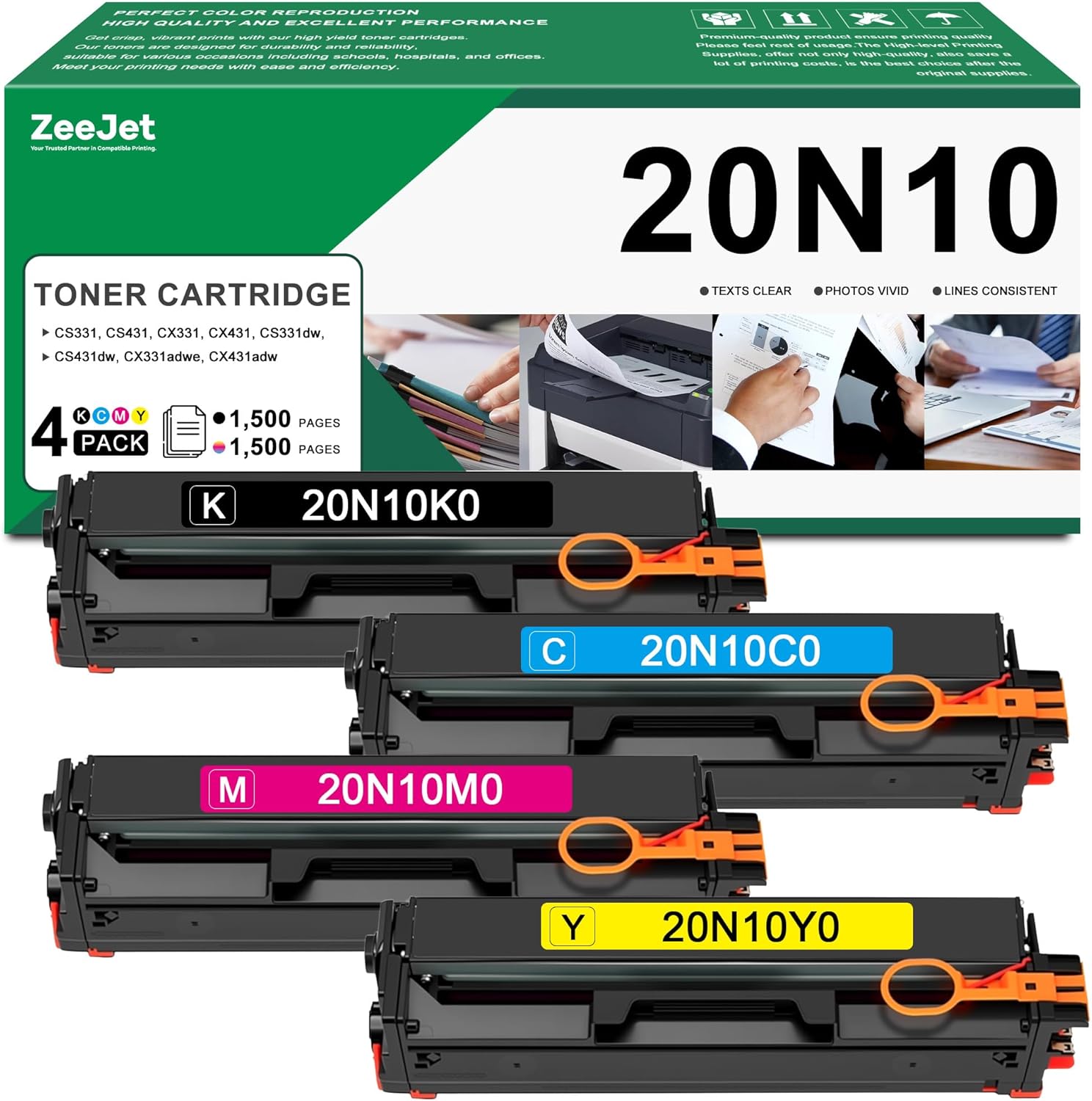 20N10 CS331 CX331 Toner Cartridge Replacement for Lexmark CS331 CS431 CX331 CX431 CS331dw CS431dw CX331adwe CX431adw Printer Ink 20N10K0 20N10C0 20N10M0 20N10Y0, 20N10 4-Color Combo Pack, 1500 Pages