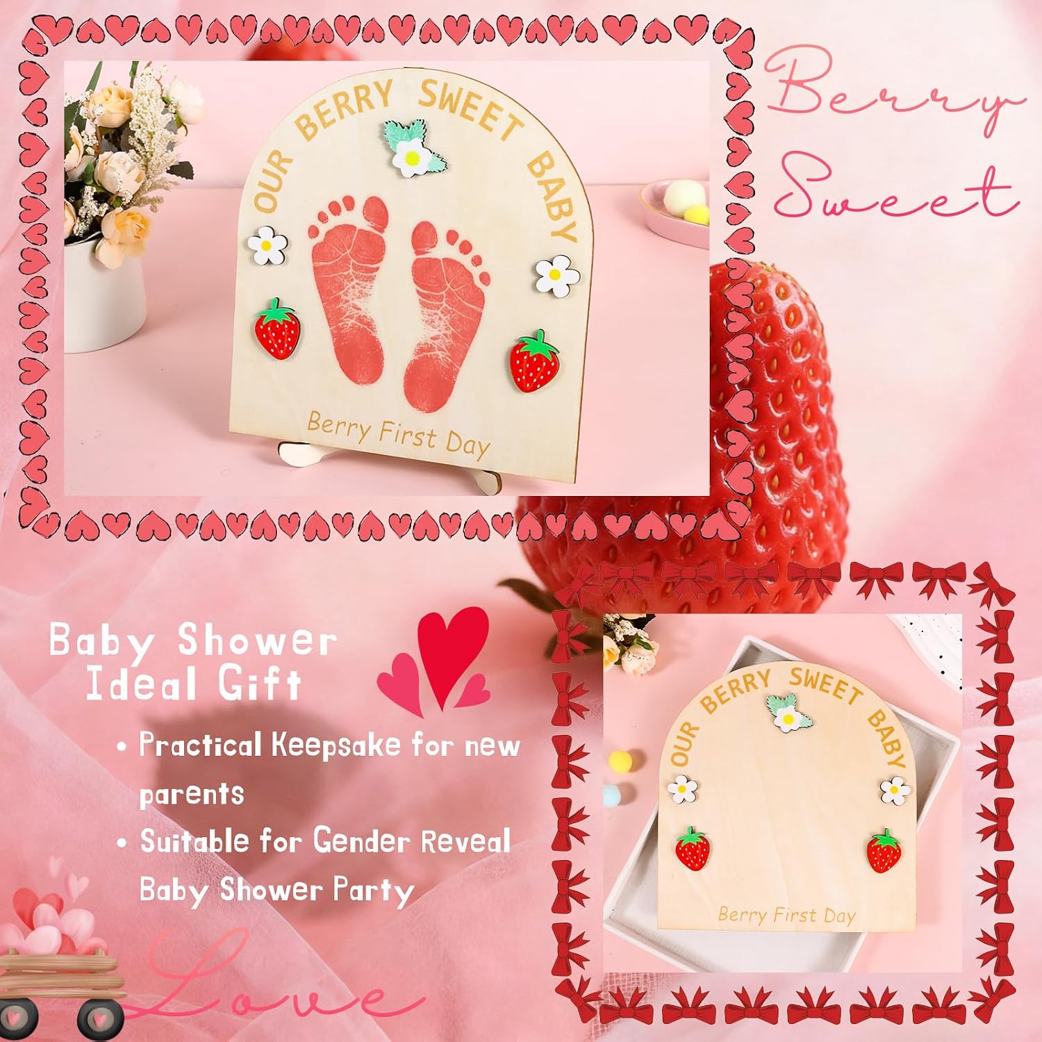 DIY Strawberry Footprint Art Sign for Baby First Birthday Party Decorations Our Berry Sweet Baby Wooden Craft Sign for Girls Baby Shower Photoshoot Prop Berry 1st Day Milestone Keepsake Footprint Gift