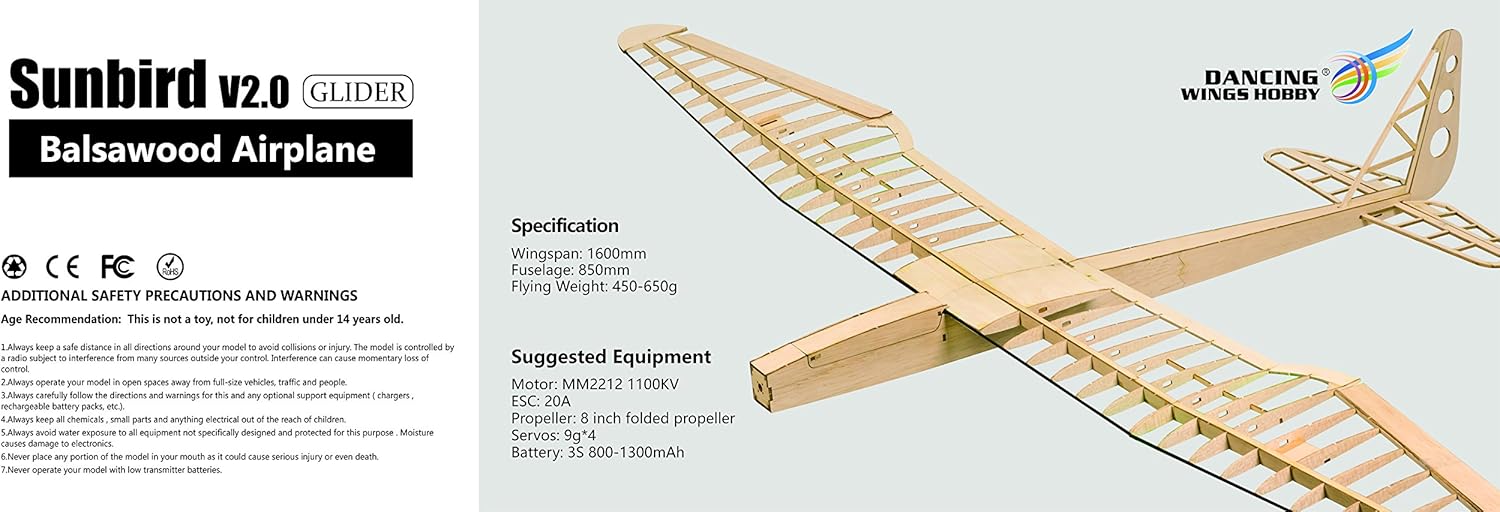 Balsa Wood Electric Glider F16 Sunbird Remote Control Laser Cut Kit Un-Assembled for Adults (F1602)