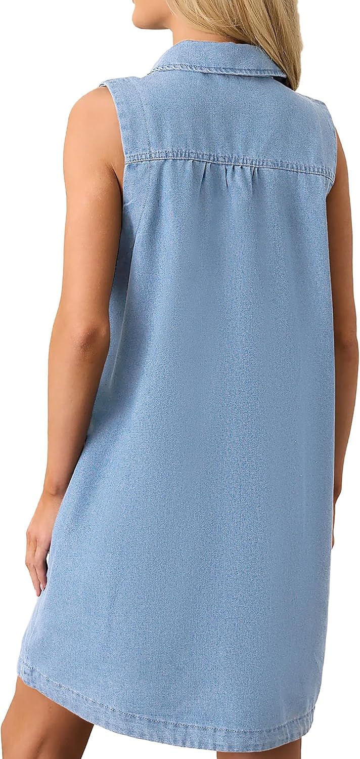 Denim Dress for Women Sleeveless Jean Dress V Neck A Line Bow Tie Front Casual Mini Dresses with Pockets - Image 4