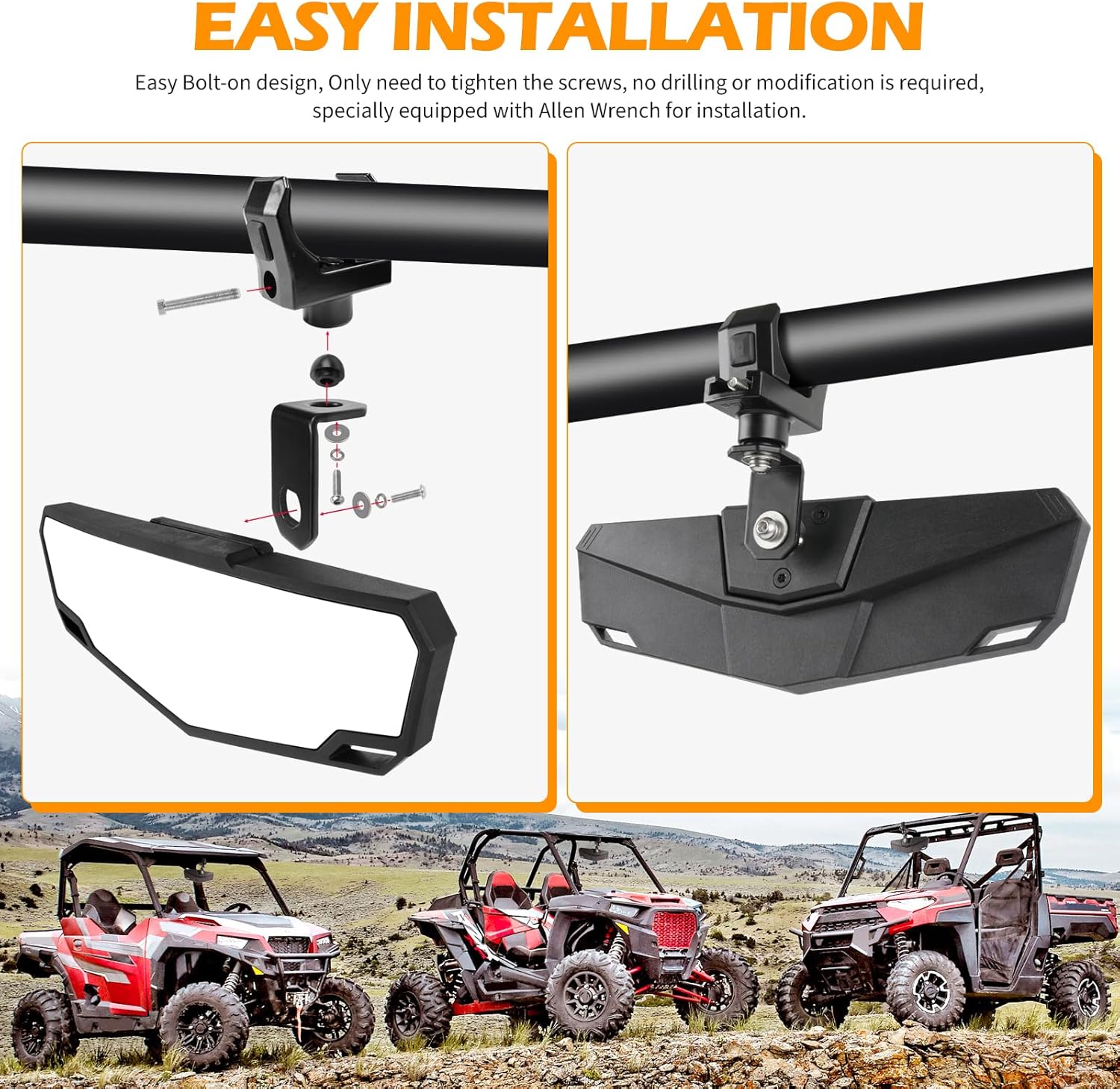 DREAMIZER UTV Rearview Mirror,Black SXS RZR UTV Mirrors Rear View w/1.5-2 inch 360° Adjustable Low Profile Aluminum Clamp Compatible with Polaris RZR 1000 Pioneer Talon Kawasaki KRX Mule Can Am X3