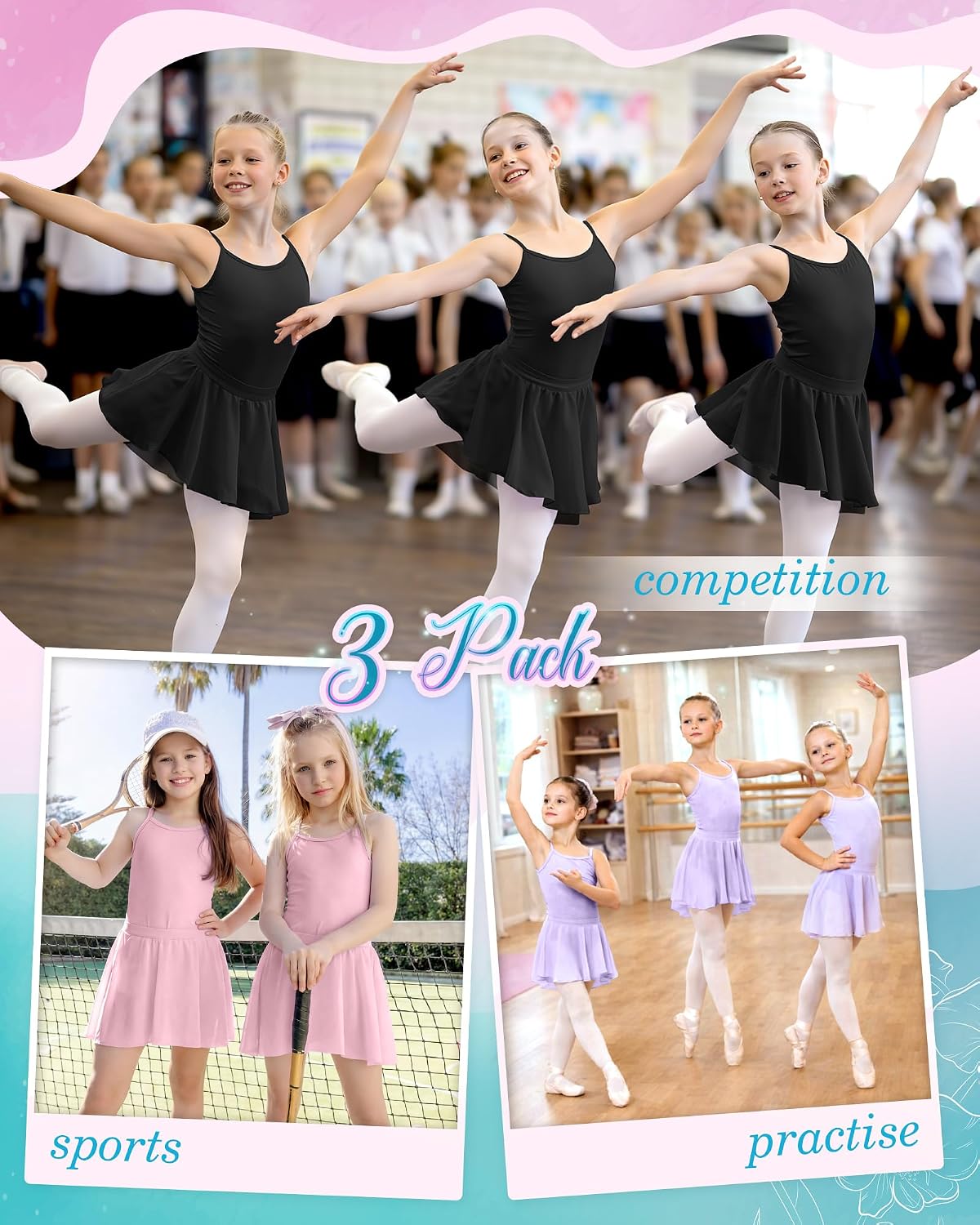 3 Pack Girls Ballet Leotards with Adjustable Straps Removable Skirt Toddler Camisole Ballet Dance Outfit Combo 2-12