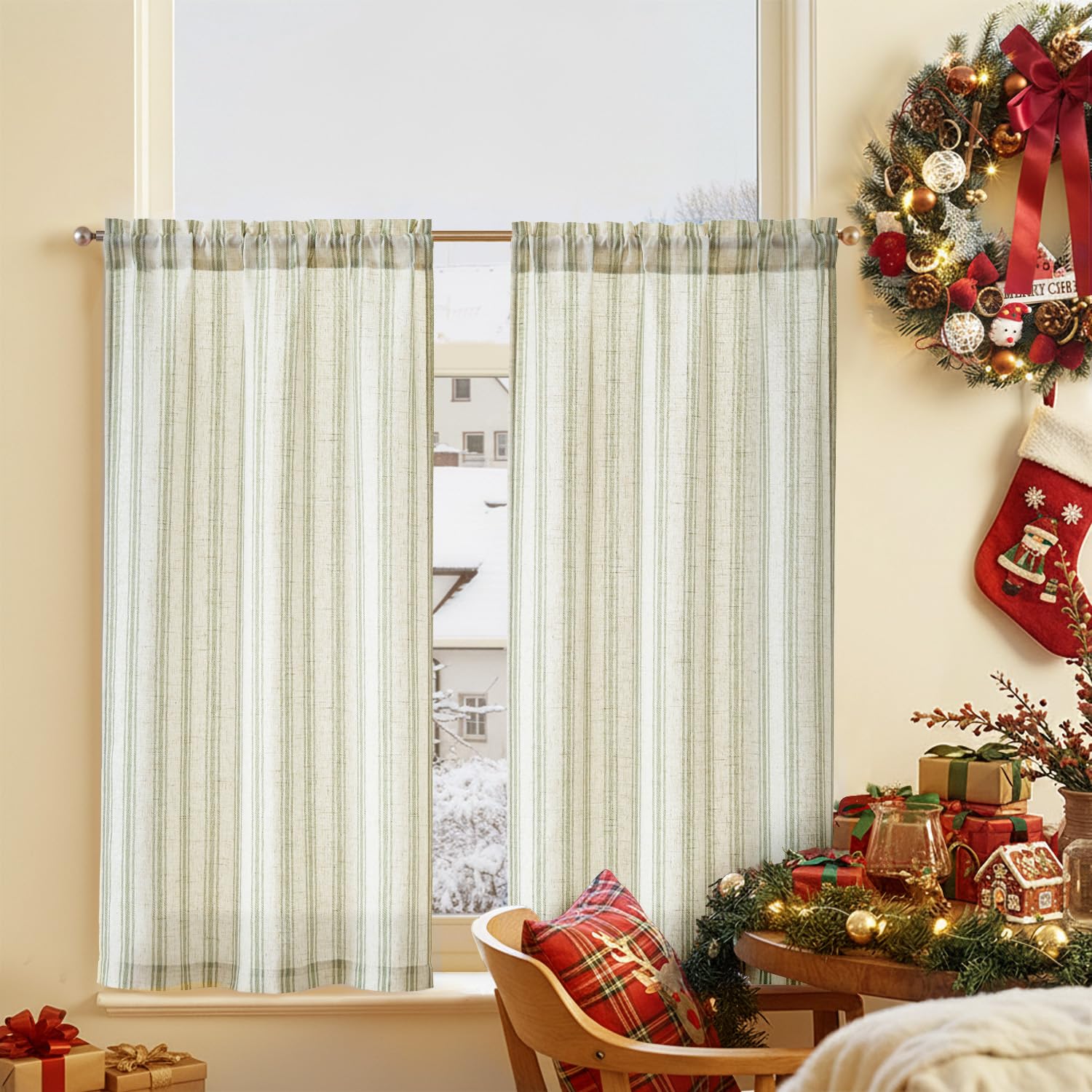TOPICK Leinen Gestreifte Scheibengardinen Lichtdurchlässig Bistrogardine Sheer Vorhang Privatsphäre Fenstervorhang Gardine für kleine Fenster Küche Bad Wohnzimmer 2er Set 65Bx90H(cm) Grün auf Beige