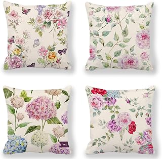 Flowers and Butterflies Cushion Cover Sofa Throw Pillow Cover Office Living Room Sofa Decor Square Pillowcases Cushion Garden flower cushions Bench Outdoor Floral Cushion Pink 45X45Cm Set Of 4