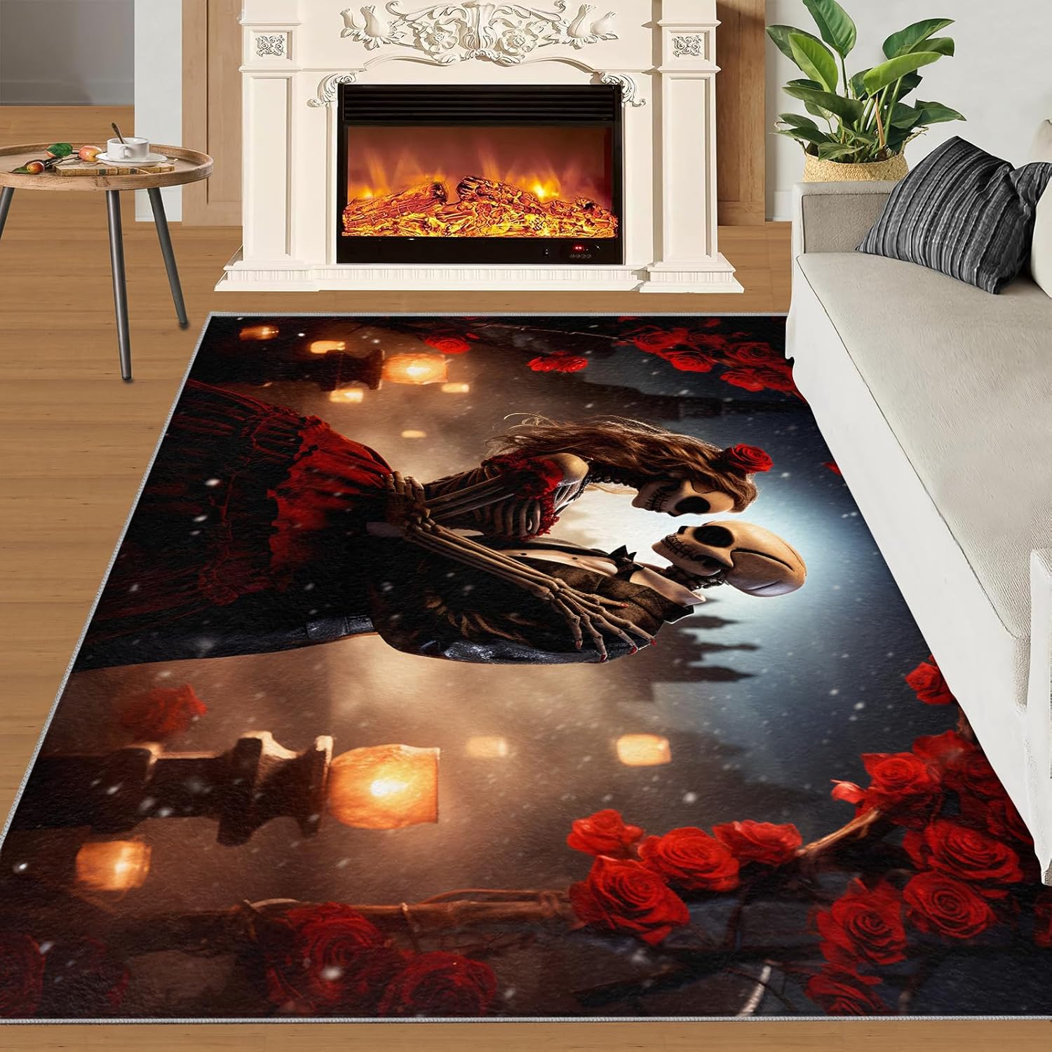 Gothic Rugs for Entryway, Red Rose Indoor Rugs 2x3, Goth Skull Area Rug, Halloween Theme Kitchen Rugs Non Slip Washable Rugs for Bedroom