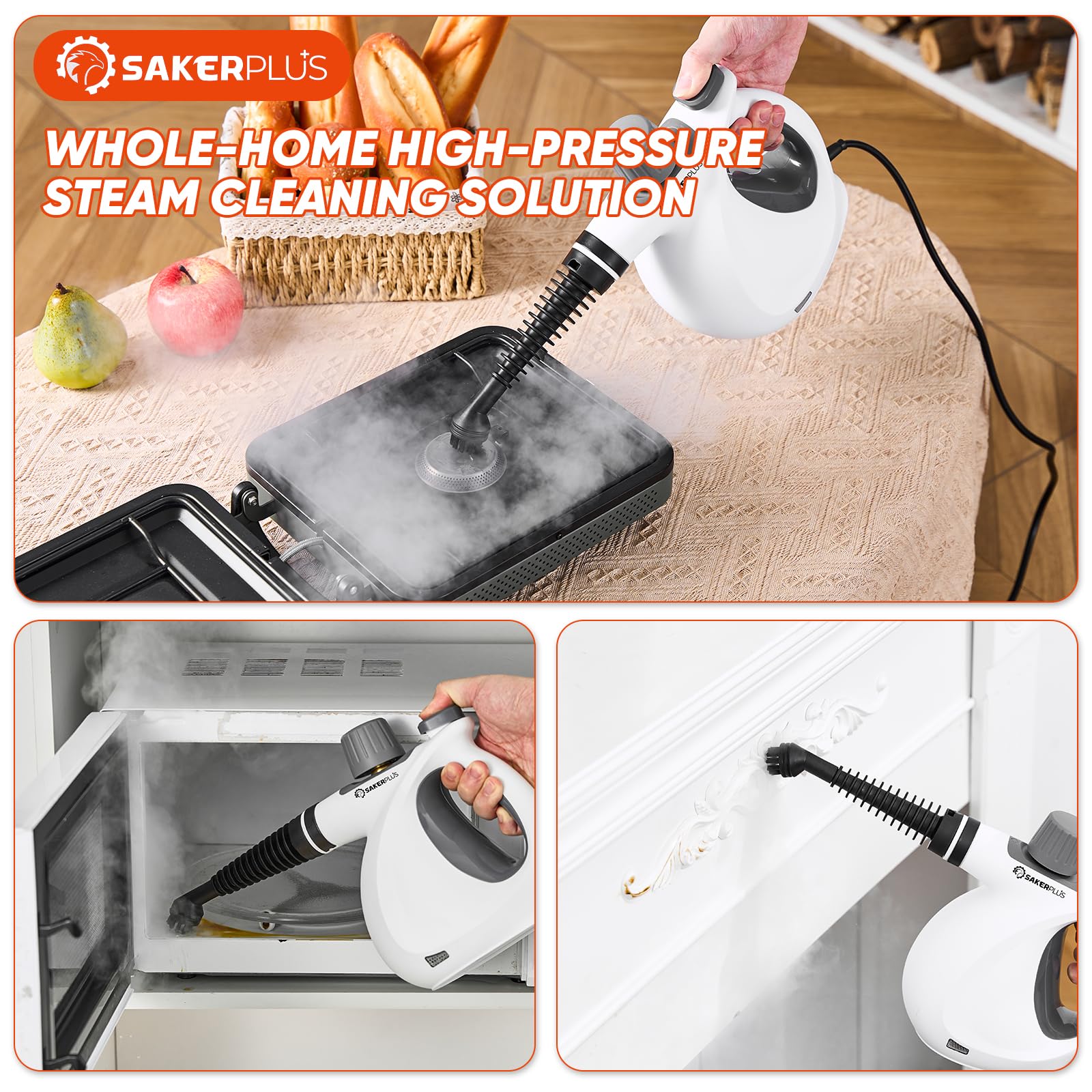 SakerPlus Dampfdesinfektionsreiniger, Handdampfer mit 9-teiligem Zubehör für die Reinigung von mehreren Oberflächen, natürliche Desinfektion für Küche, Boden (1 x Dampfreiniger-Kit)