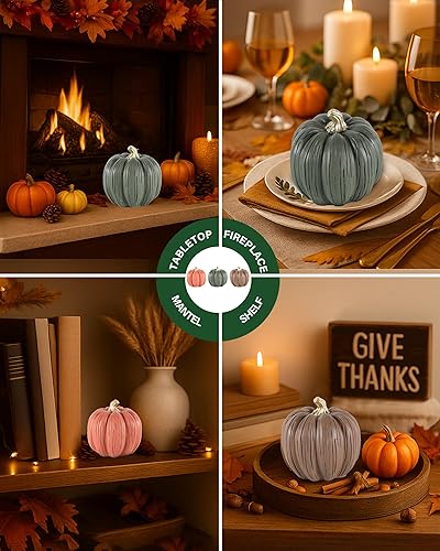 Miniatura 2 de Juego de 3 mini calabazas de resina Decoración de mesa de cosecha de otoño pintadas a mano en marrón, naranja y verde, decoración de otoño de 3.5