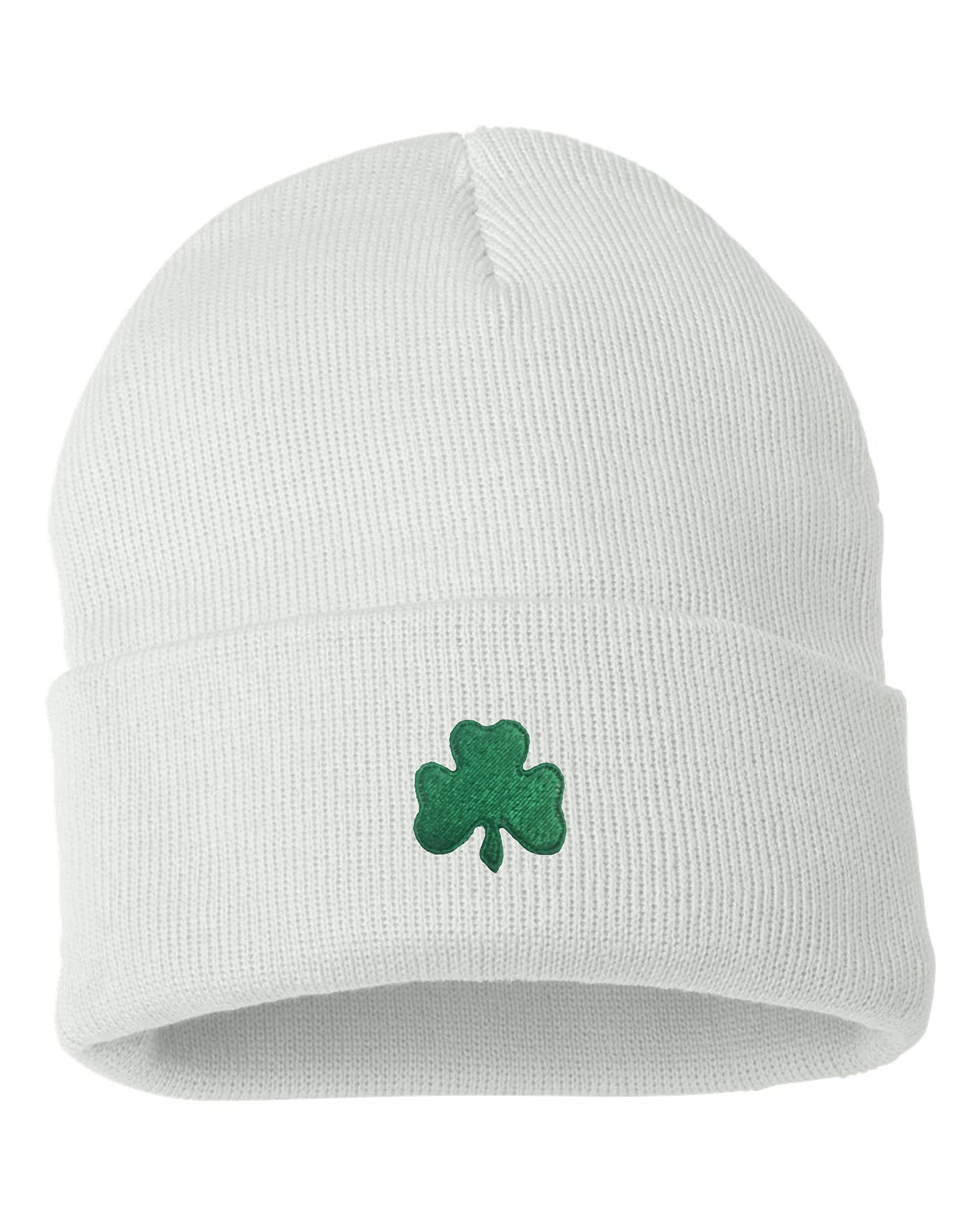 Go All Out One Size White Cuffed Shamrock St. Patrick's Day Embroidered Cuffed Knit Beanie Cap