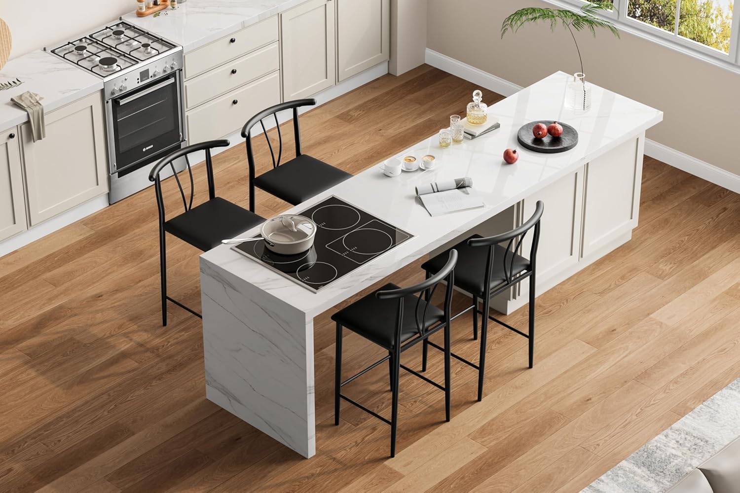 IDEALHOUSE 25.2" Bar Stools Set of 4 with Wide PU Upholstered Seat, Counter Height Bar Stools Set with Footrest & Curved Back, Metal Barstools Set for Kitchen Islands, Counter Bars, Black