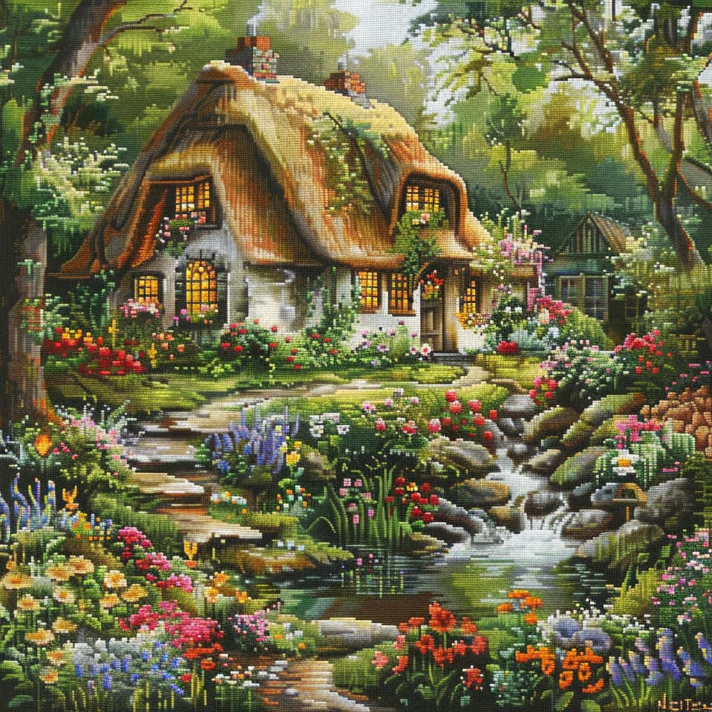 Thatched Cottage with Flowers River DIY 11CT Counted Cross Stitch Kits for Beginners Easy with Hoop Stamped Fabric Embroidery Needlecraft Art Wall Decor 38x38cm(2)