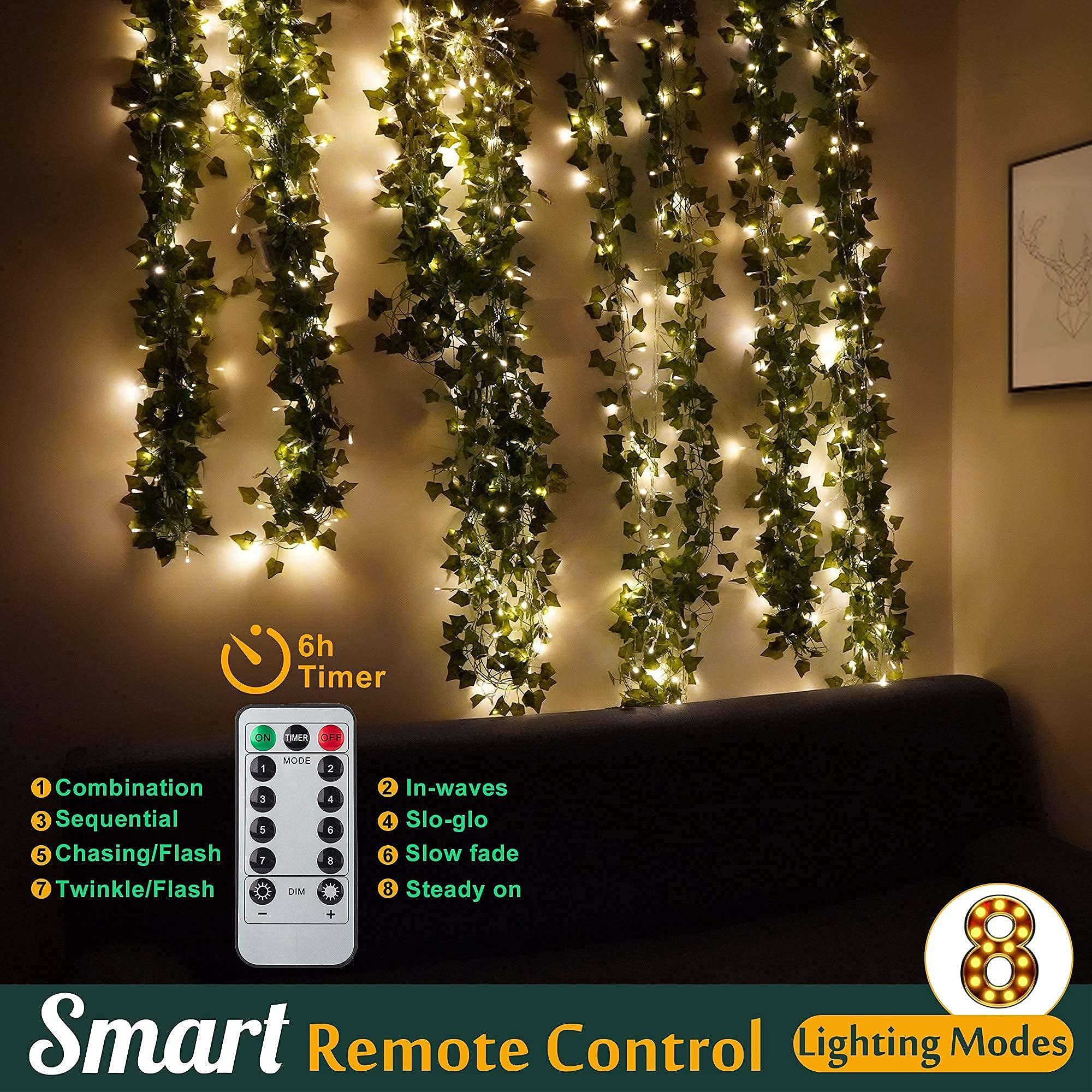 84Ft 12 Pcs Artificial Ivy Garland Fake Vines with CE Certified 80 LED String Lights and Remote