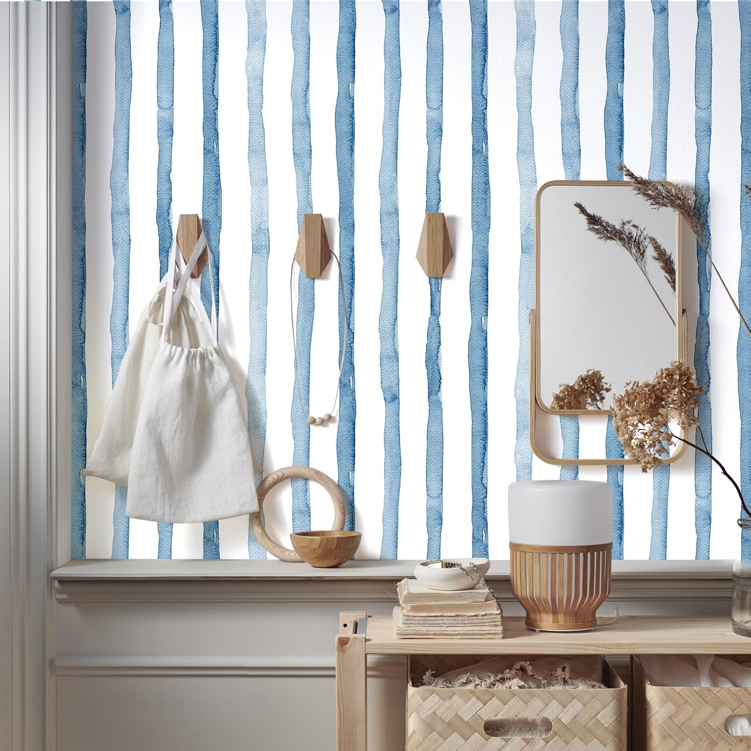 HAOKHOME Blue Wallpaper Peel and Stick Wall Paper Striped Coastal Boho Removable Indigo Blue/White Vinyl Self Adhesive for Bathroom Decor 17.7in x 32.8ft