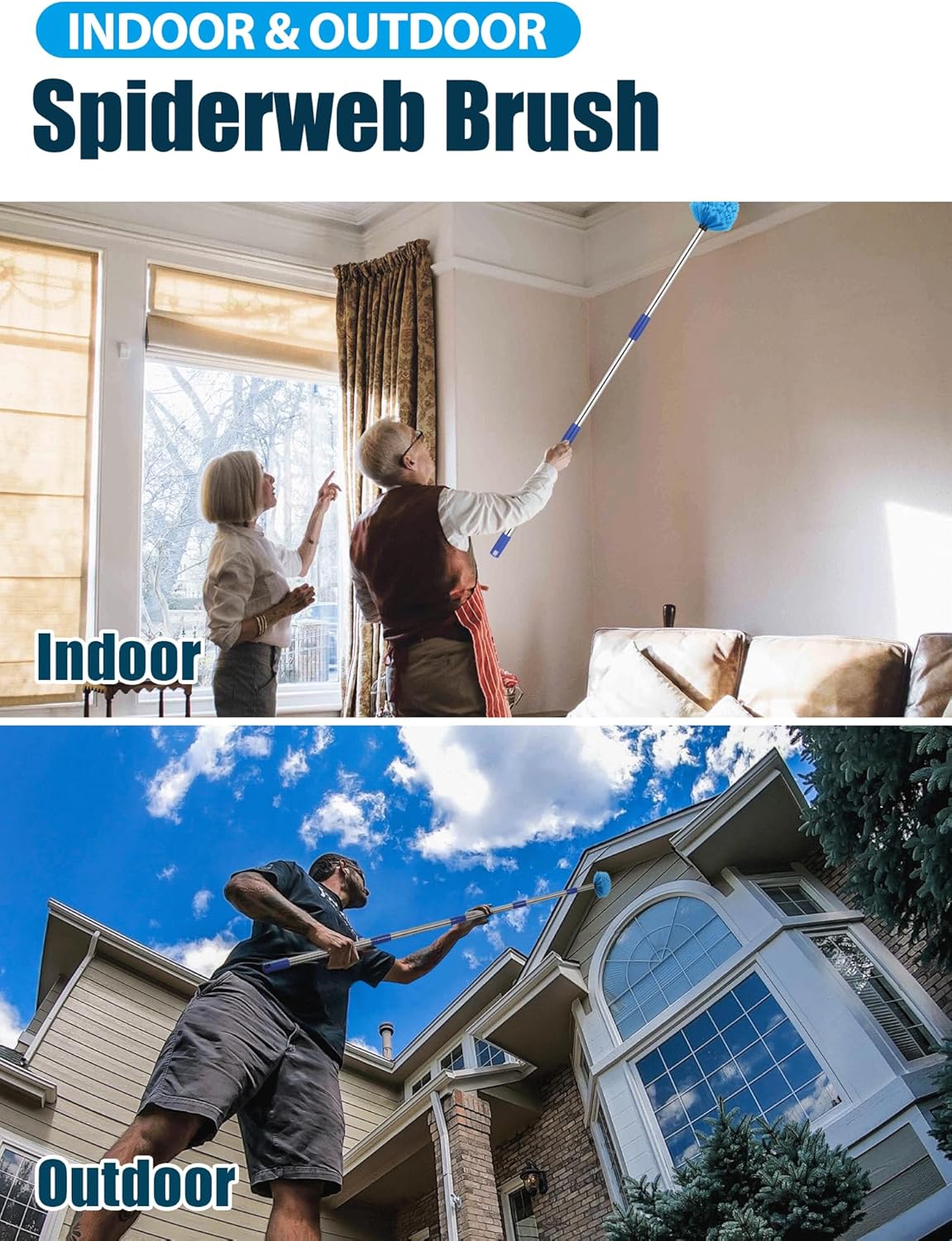 Cobweb Duster with Extens Pole, Spider Web Brush for Outdoor House