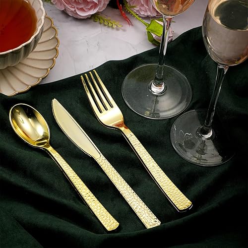 Miniatura 5 de Fumete 900 cubiertos de plástico dorado resistentes, desechables, vajilla de plástico para el día de la madre, bodas, cumpleaños, graduación,