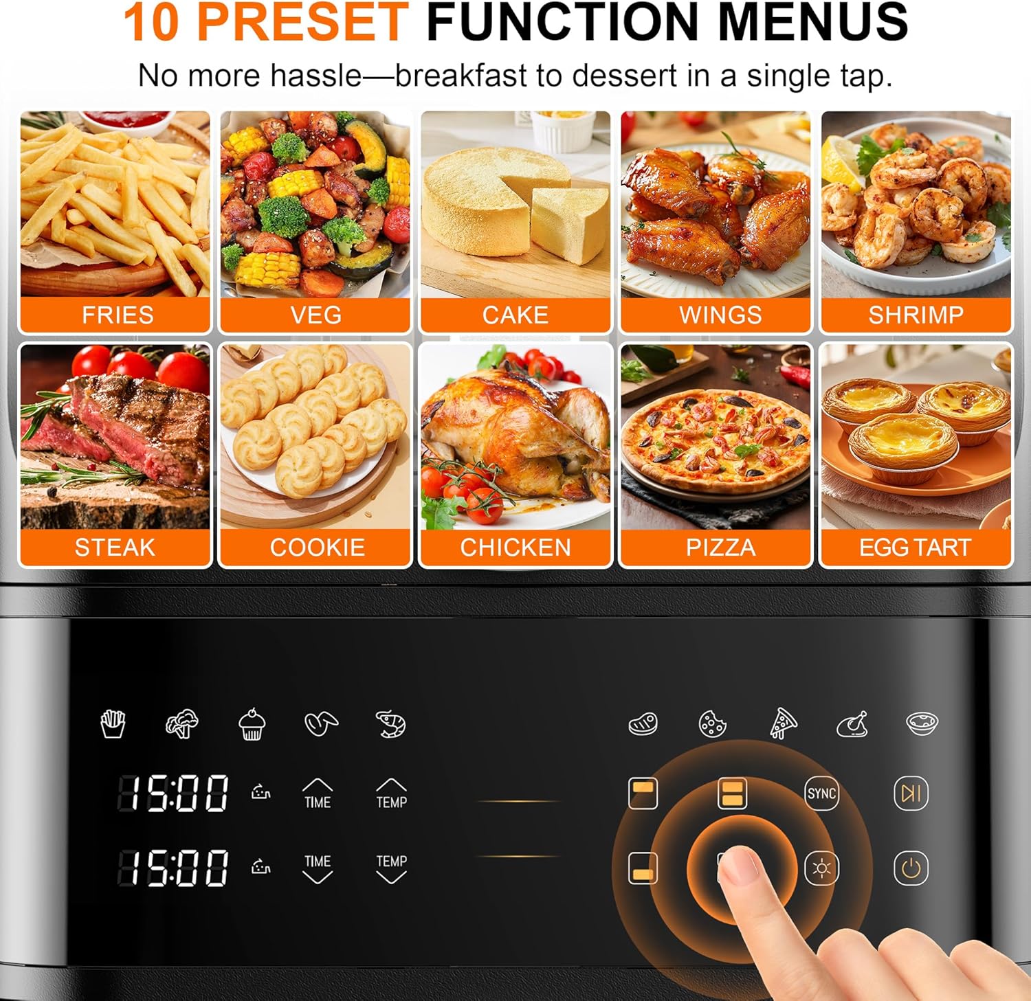 Close-up of the HoninJoy 13QT Dual-Basket Air Fryer's digital touchscreen control panel, showing 10 preset icons and time/temperature settings.