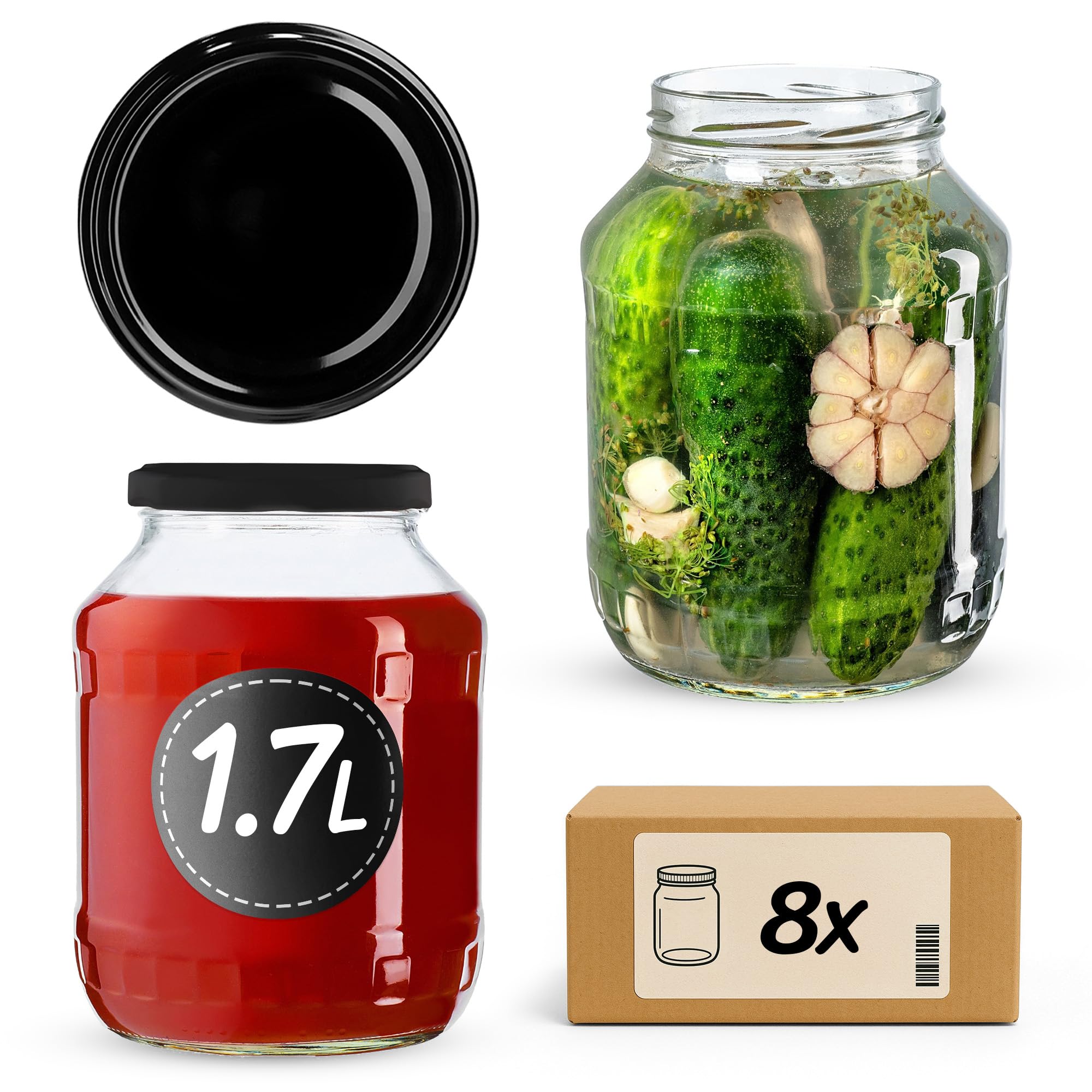 KADAX 8er Set Einmachgläser 1,7L mit TO89 Schraubdeckel Schwarz – Konservengläser für Gurken, Kombucha & Kimchi | Fermentieren, Einlegen & Einkochen