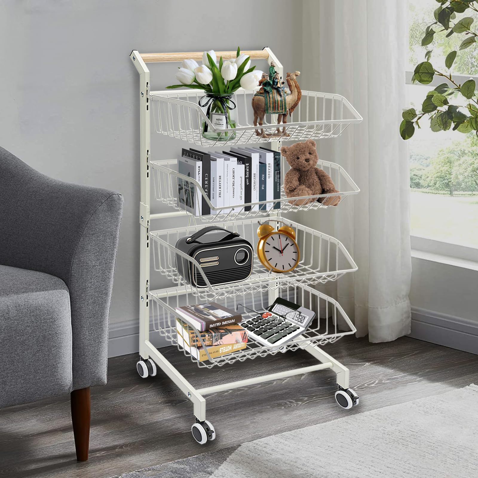 Expositor con 4 cestas con ruedas, cesta apilable, cesta para roedores de productos, soporte de rejilla, carrito de cocina, carrito de cocina grande, almacenamiento móvil