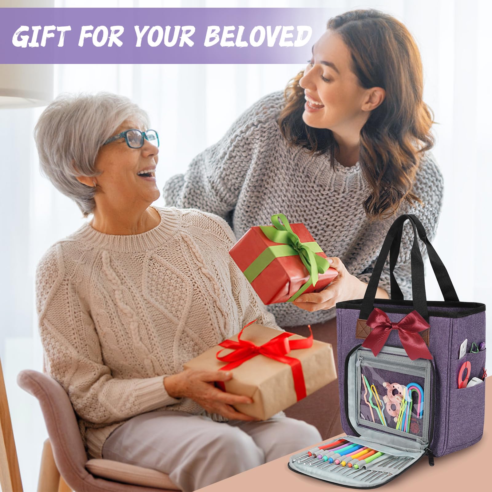 Bolsa de Crochet para Labores de Tejer, una Bolsa para el Kit de Ganchillo y Pelotas de Lana, Bolsa Individual sin Accesorios (Morado)