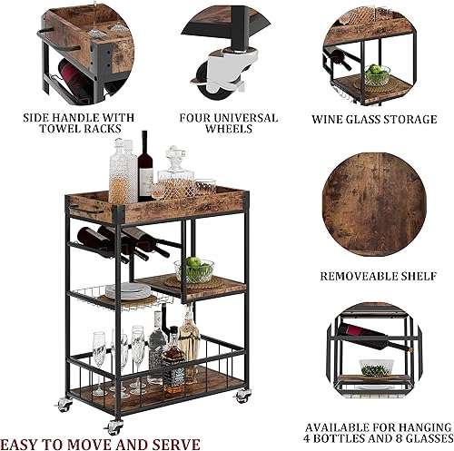 Miniatura 7 de Carro de bar con cesta de 3 niveles, carrito de vino móvil para el hogar con ruedas, carrito de servicio de cocina industrial estilo vintage,