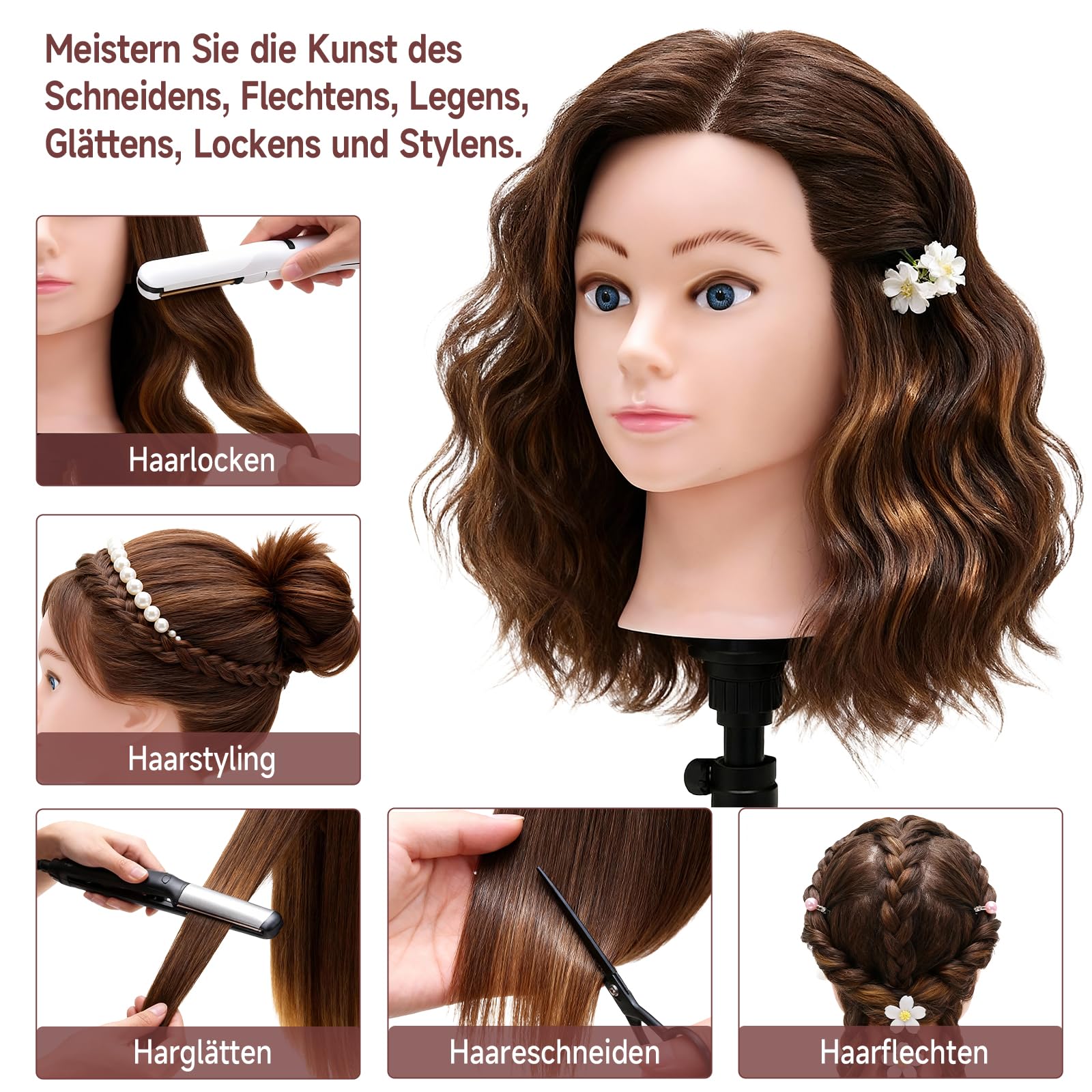 TwoWin Friseurkopf 20 Zoll 50.8 cm 100% Echthaar Mannequin Kopf Übungskopf Haar Friseur Trainingsköpfe Styling Friseurpraxis Braun